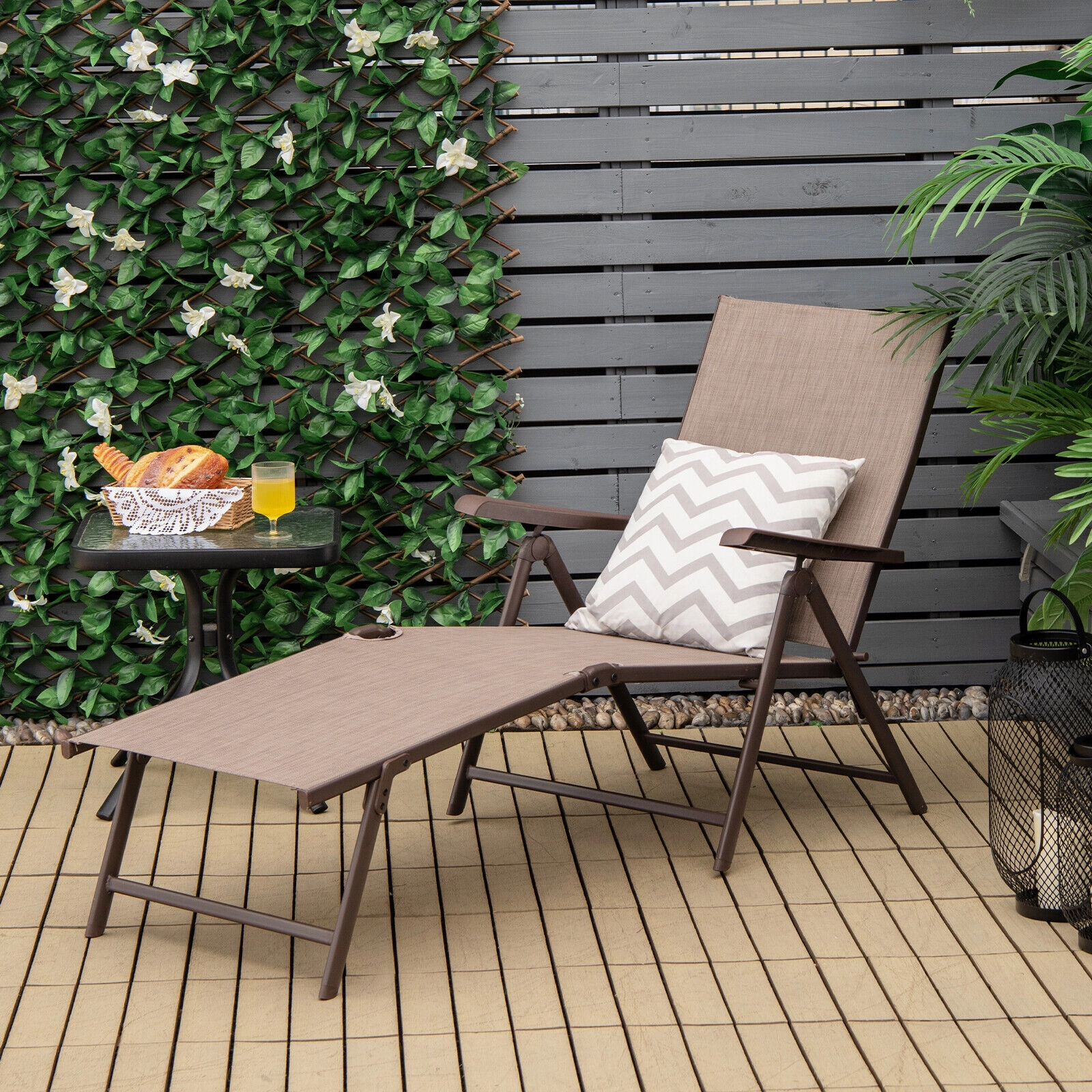 SUGIFT Set of 2 Folding Chaise Lounge Chairs, 5 Backrest Angles, 2-Position Footrests, Brown