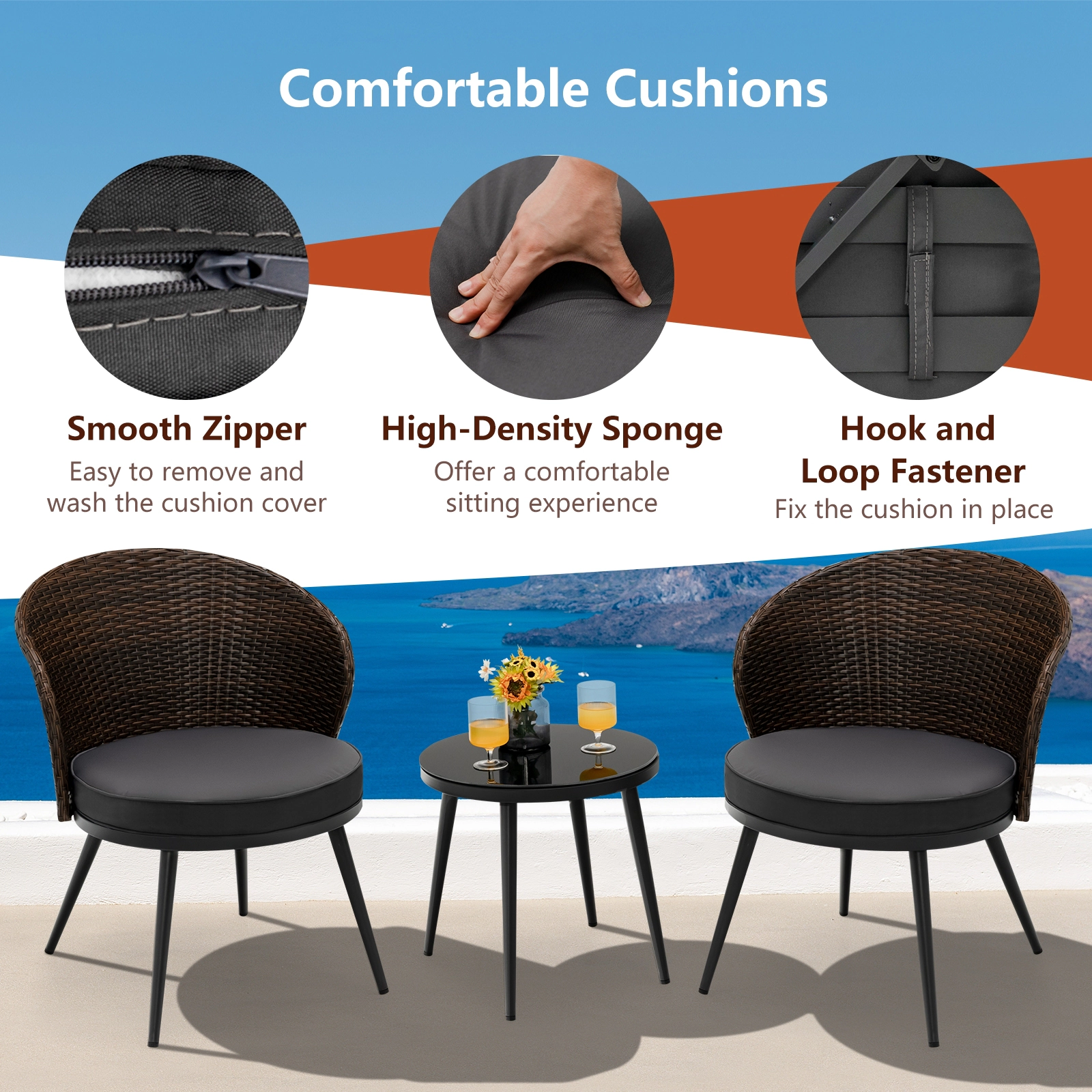 SUGIFT Patio Rattan Bistro Conversation Set with Cushions and Tempered Glass Tabletop 330-Lb Chairs Mix Brown and Gray