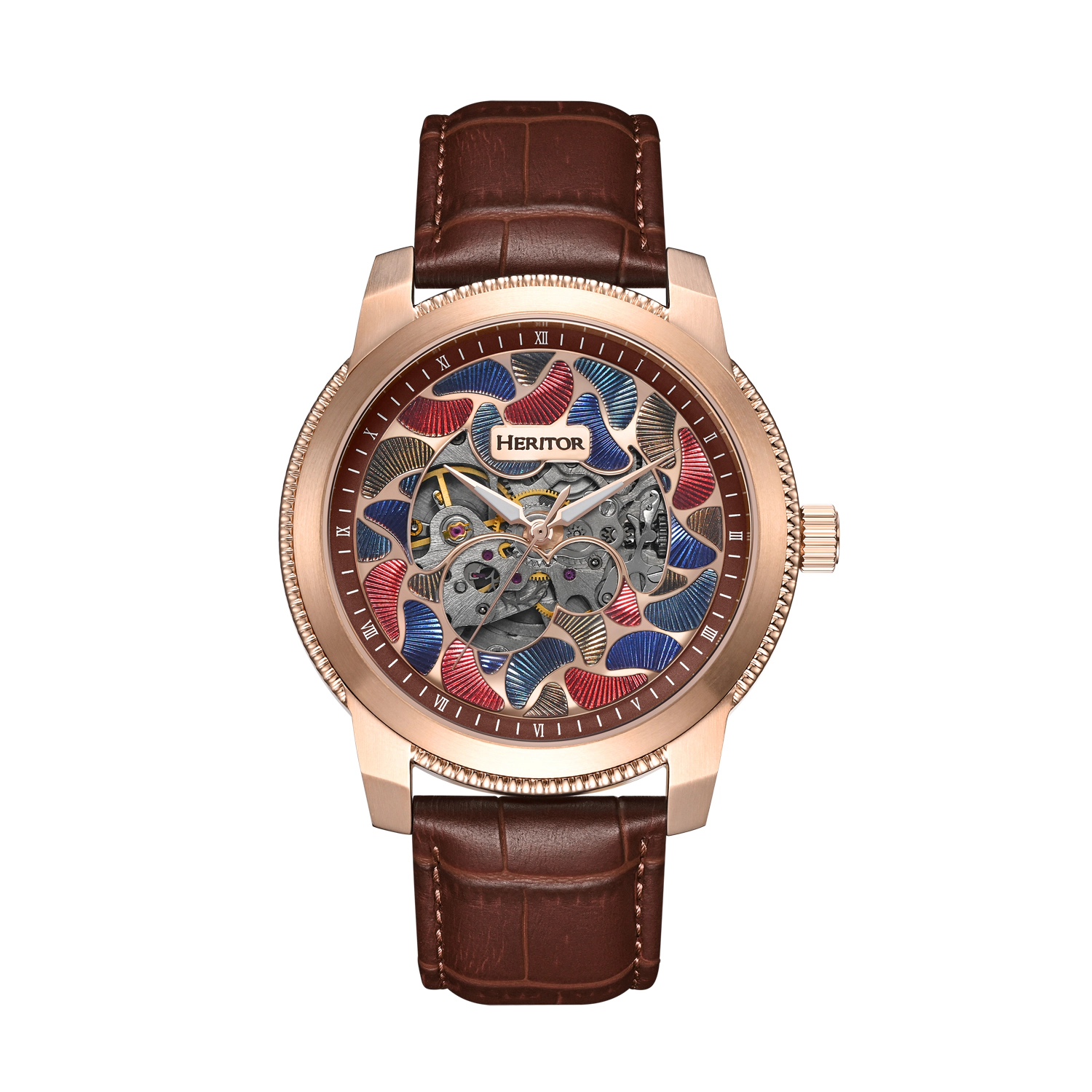 Heritor Automatic Emmanuel Semi-Skeleton Leather-Band Watch