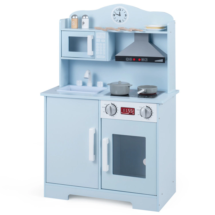 Hivvago Play Kitchen for Kids Wooden Playset with Range Hood and Microwave