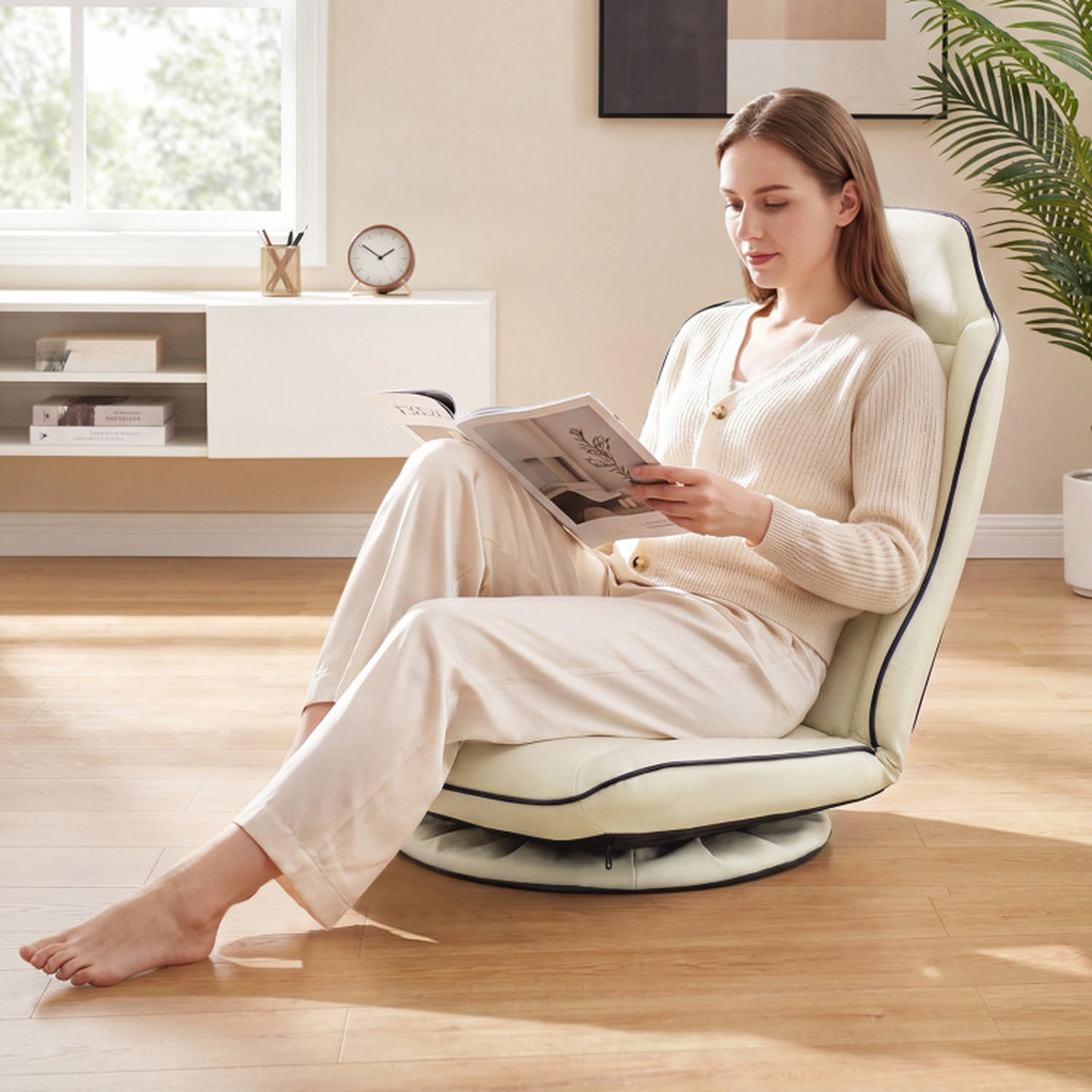 SUGIFT Artificial Leather 360° Swivel Floor Gaming Chair 5-Level Backrest 330-lb Capacity 23.5 x 22 x 30.5-in Beige
