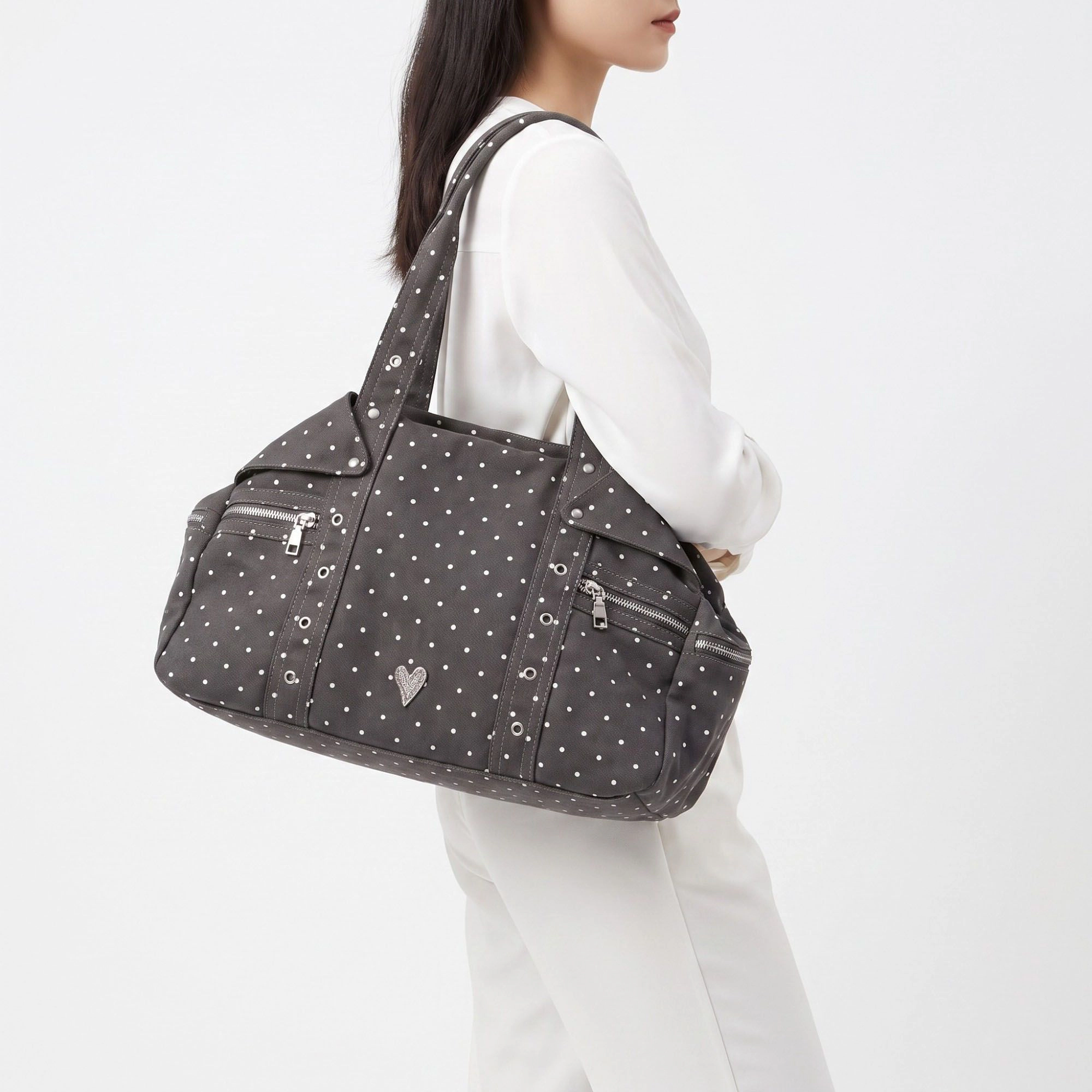 Alilang Women's Polka Dot Multi-Pocket Shoulder Bag with Zip Closure
