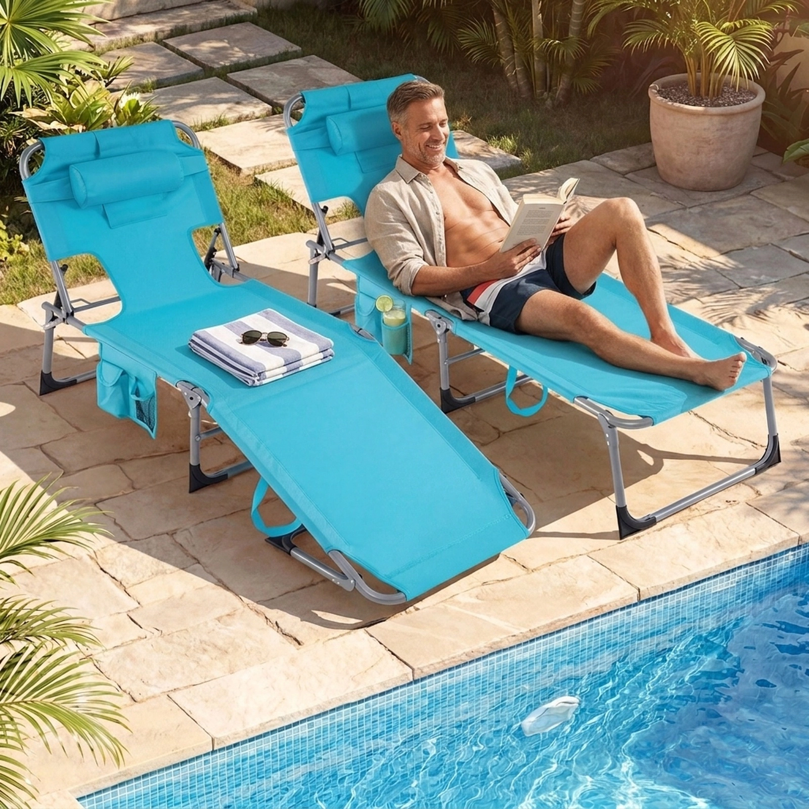 SUGIFT Face-Down Tanning Chair, Folding Reclining Lounge Chair with Face and Arm Slots, Pillow, Pockets, Turquoise