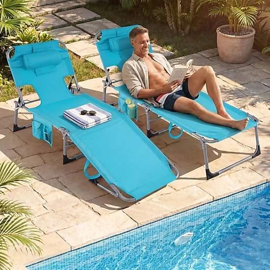SUGIFT Face-Down Tanning Chair, Folding Reclining Lounge Chair with Face and Arm Slots, Pillow, Pockets, Turquoise
