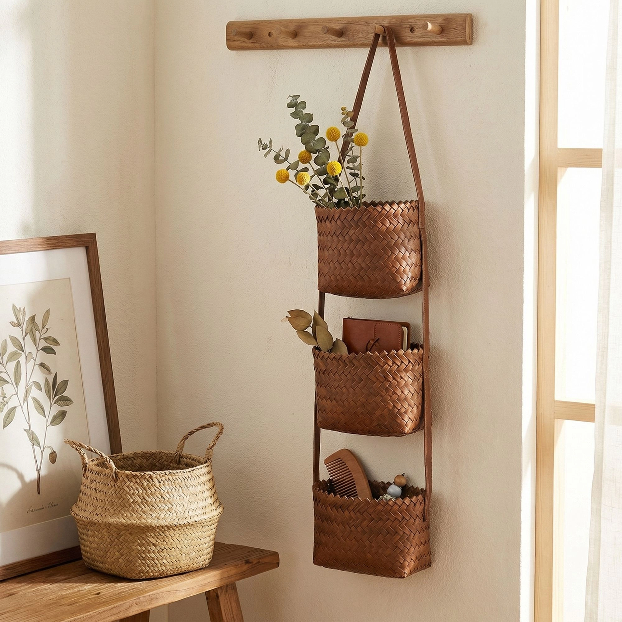 Alilang Unisex 3 Tier Hanging Wall Storage Basket Organizer Woven Style Vertical Storage for Bathroom Entryway