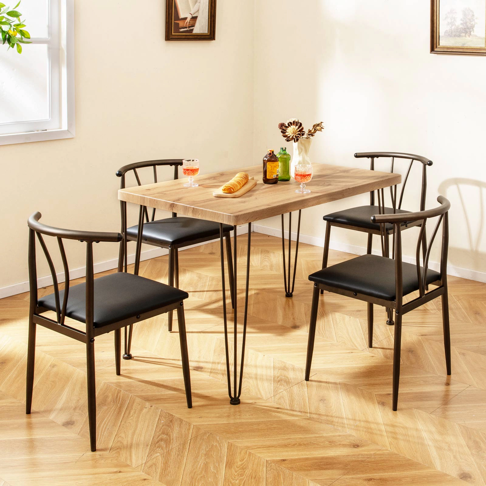 SUGIFT 5 Piece Dining Set Black Rustic Oak Table with 4 Spindle Back Padded Chairs