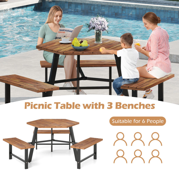 Hivvago 6 Person Acacia Wood Picnic Table Bench Set With 3 Seats