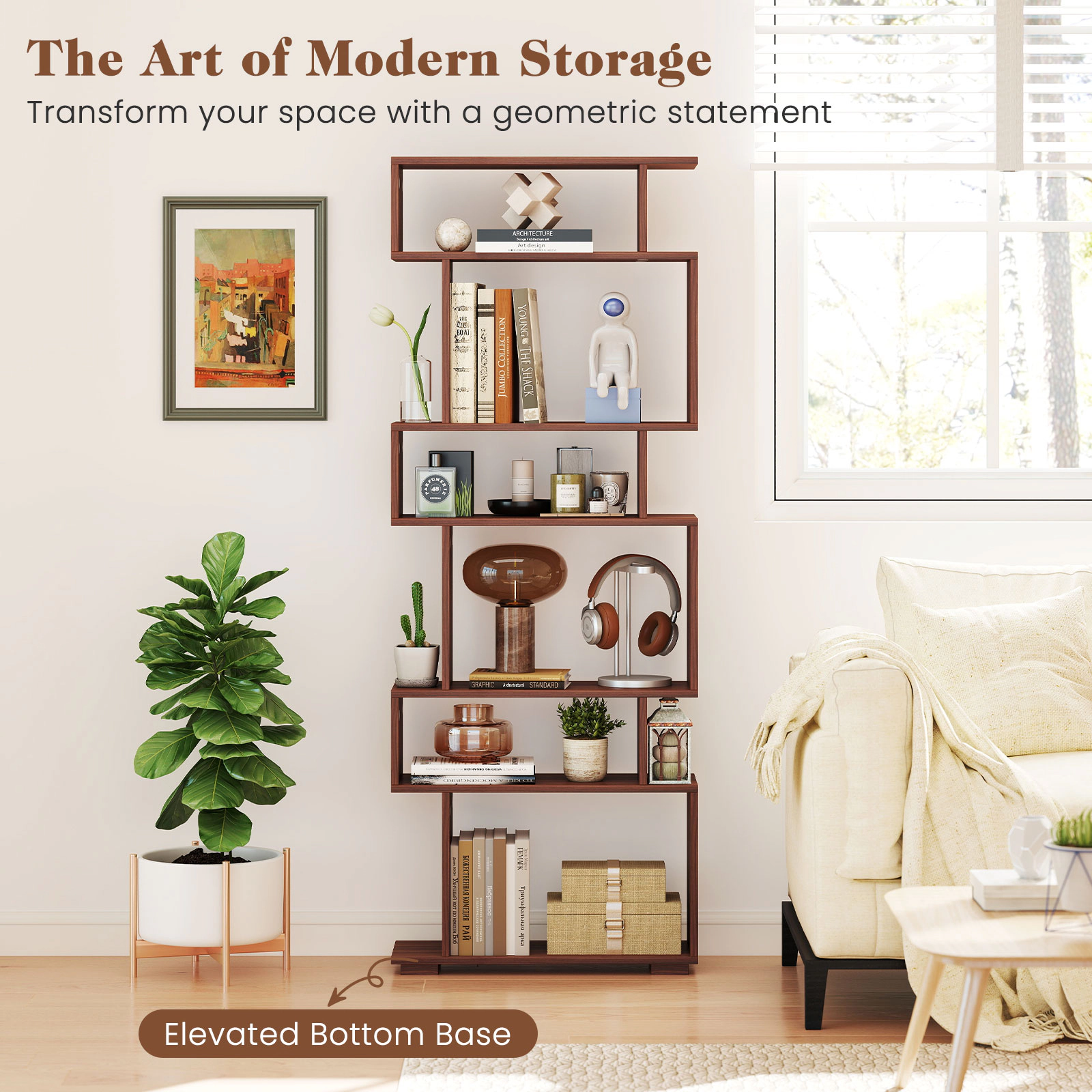 SUGIFT 6-Tier Walnut 64-in Tall Narrow Geometric Bookshelf 8-in Deep with 2 Anti-Tipping Kits for Small Spaces