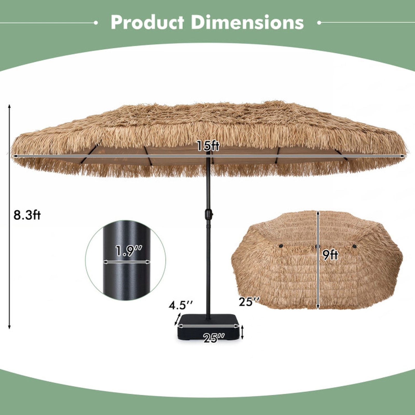 SUGIFT Brown 12 Ribs and Weighted Base 15 x 9 FT Solar Double-Sided Thatched Patio Umbrella