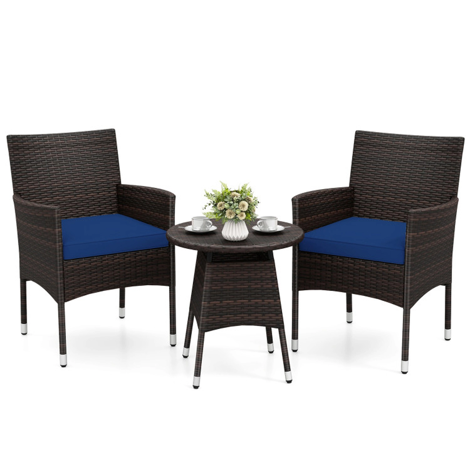 SUGIFT Navy 2 Cushioned Chairs and Side Table 3-Piece Patio Rattan Bistro Set