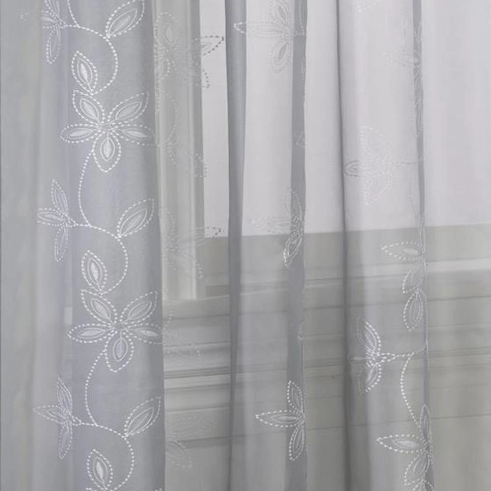 Commonwealth Habitat Elizabeth Rod Pocket Pindot Floral Embroidered Voile Panel - Grey