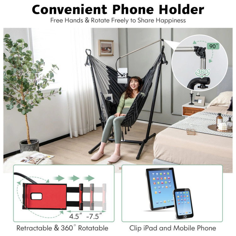 Hivvago Height Adjustable Hammock Chair With Phone Holder And Side Pocket-Gray