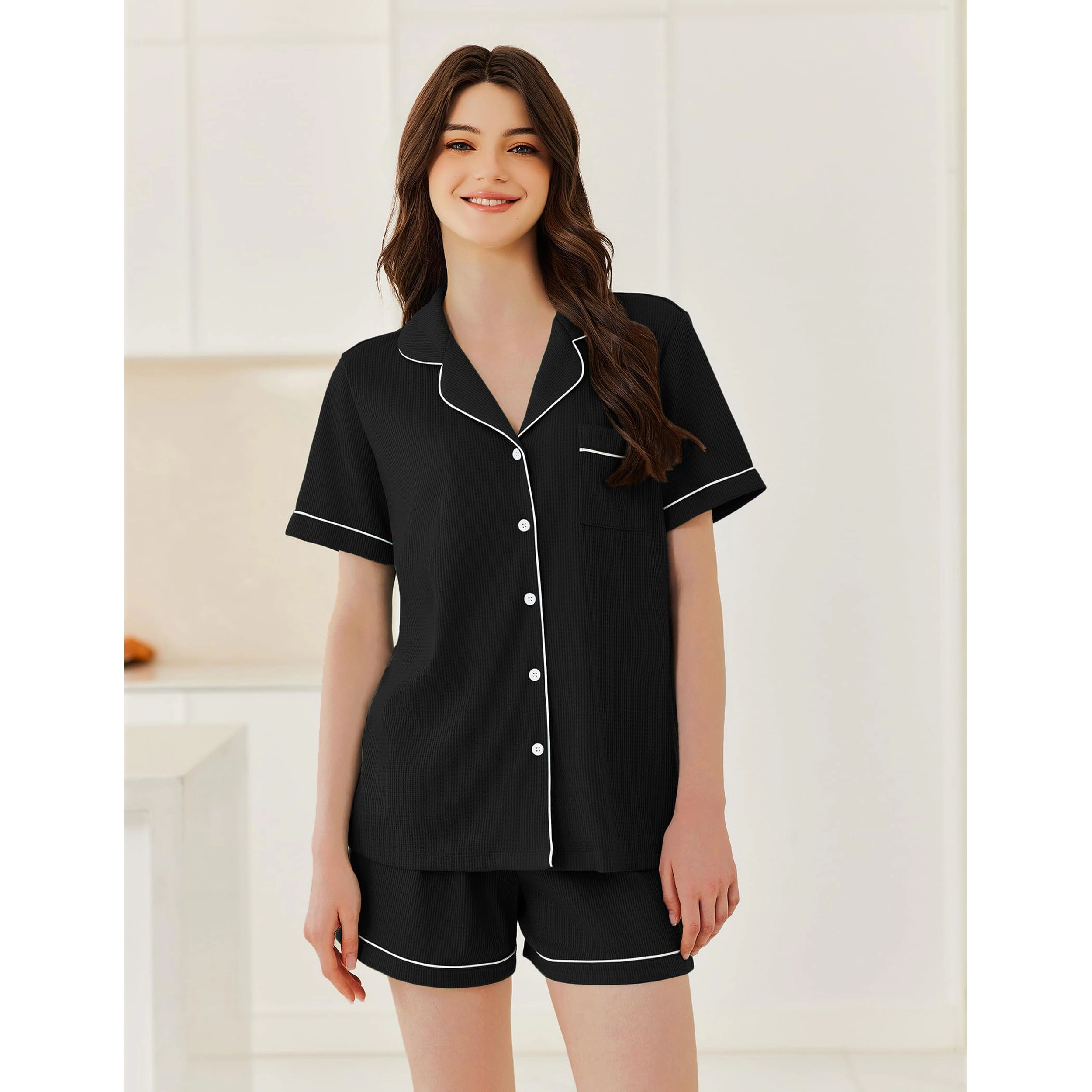 Ekouaer Womens Waffle Knit Pajama Sets Soft Short Sleeve Button Down Sleepwear Cozy Two Piece Set