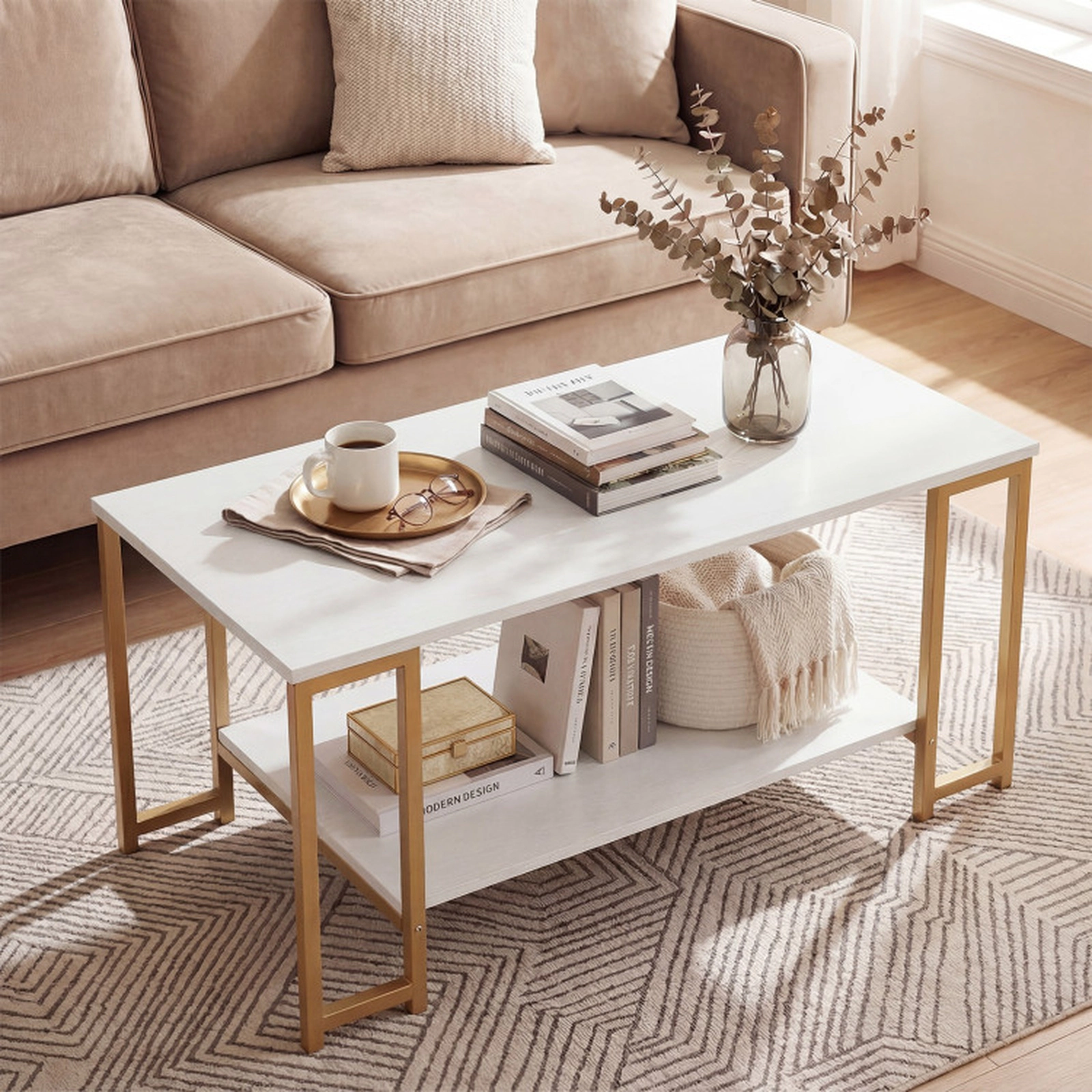 SUGIFT 2-Tier Open Shelf Gold Metal Frame Modern Coffee Table 39.5-in x 19.5-in x 18-in 176-lb Capacity White