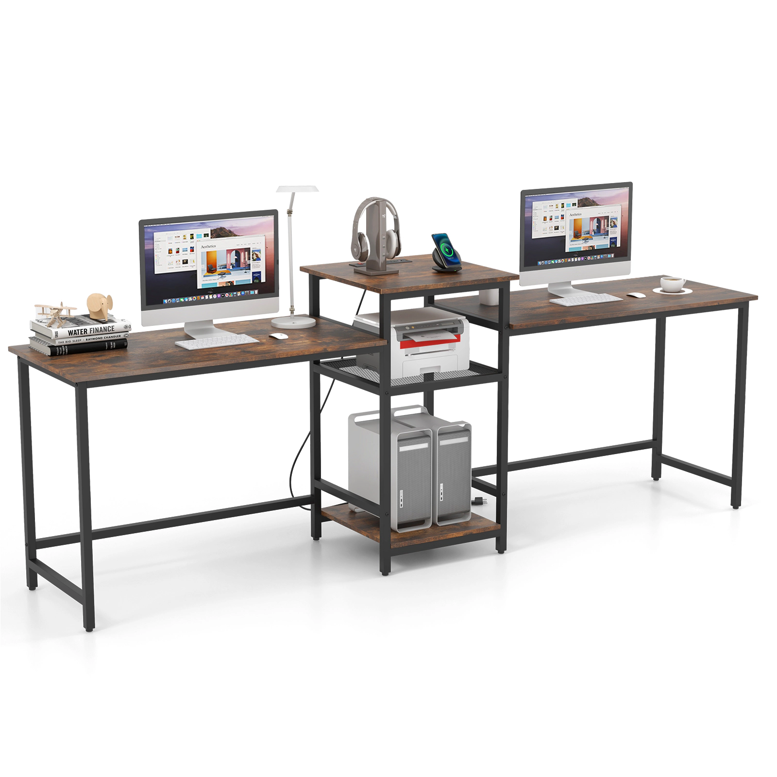 LJG 2-Person Computer Desk with Power Outlet and Printer Stand