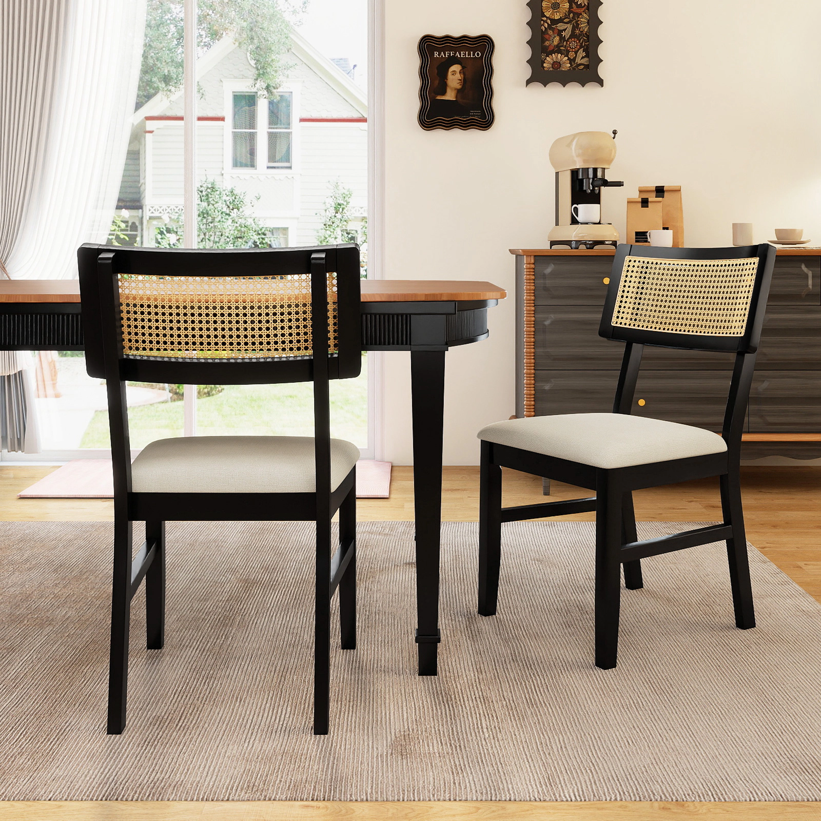 SUGIFT Set of 2 Black Rattan Dining Chairs with Linen Upholstered Seats