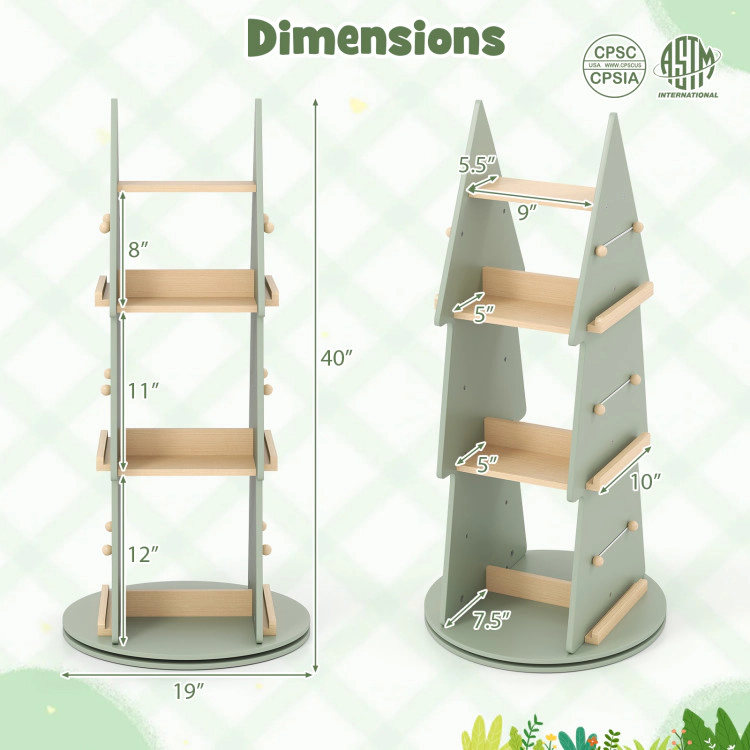 Hivvago 4 Tier Tree Shape Kids Rotating Bookshelf 360Â° Display Rack Storage Organizer-Green