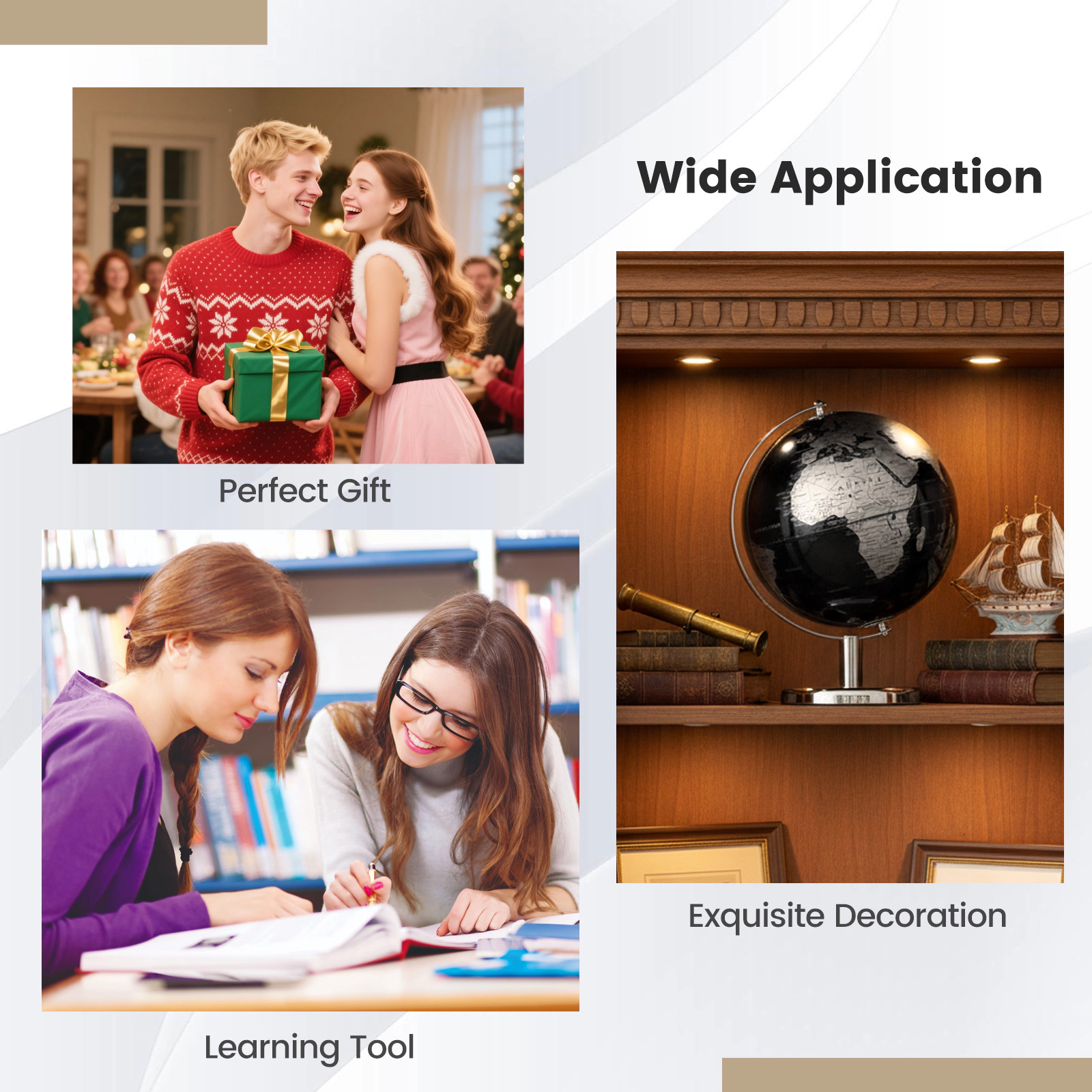 SUGIFT 8-in Rotating Decorative World Globe Interactive Desktop Learning Toy Black + Silver