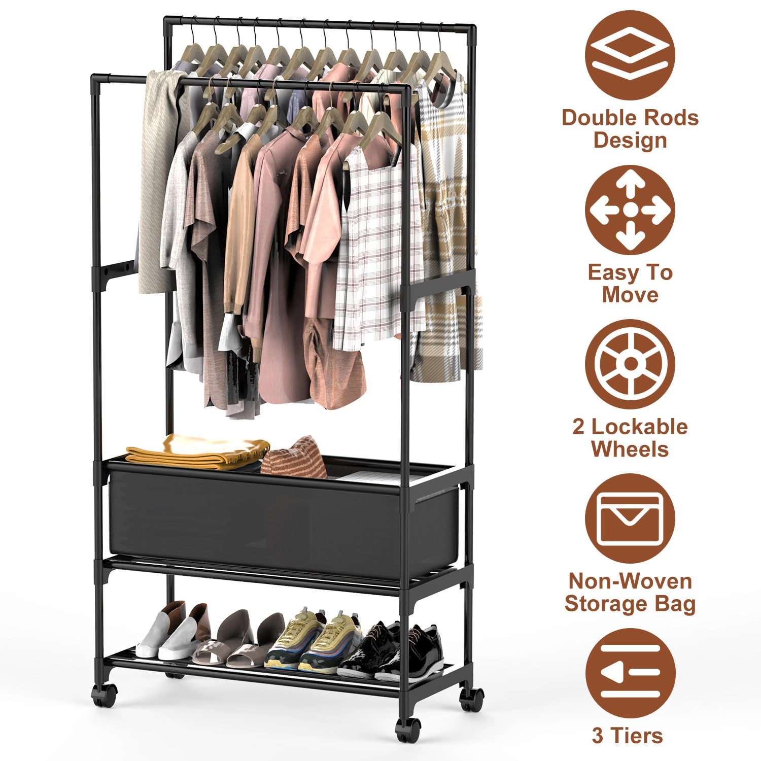 NEW Home Unisex Double-Rod Garment Rack With Storage