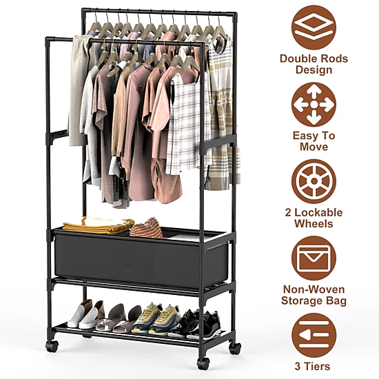 NEW Home Unisex Double-Rod Garment Rack With Storage