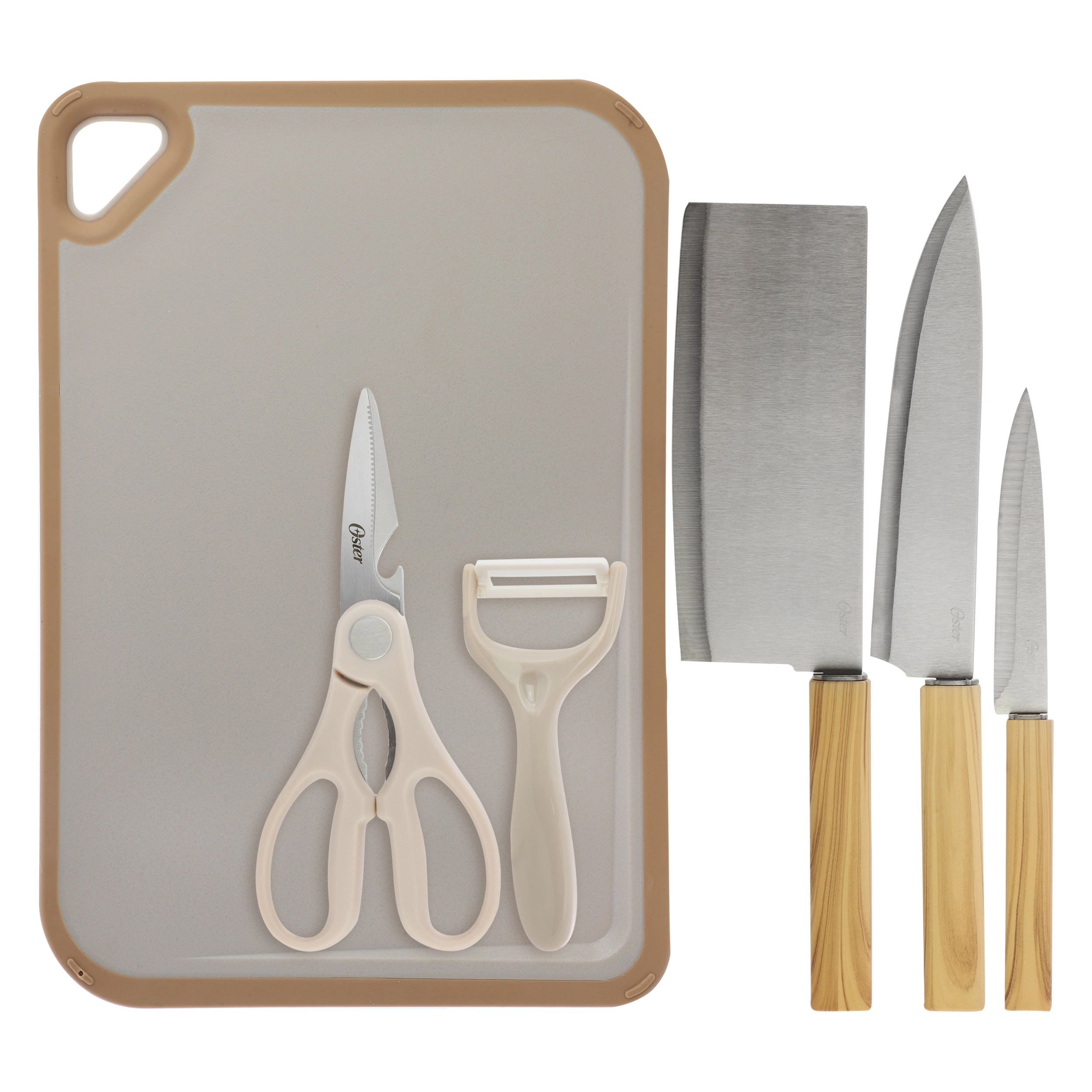 Oster Huntingfield Stainless Steel 6 Piece Cutlery and Cutting Board Set in Brown