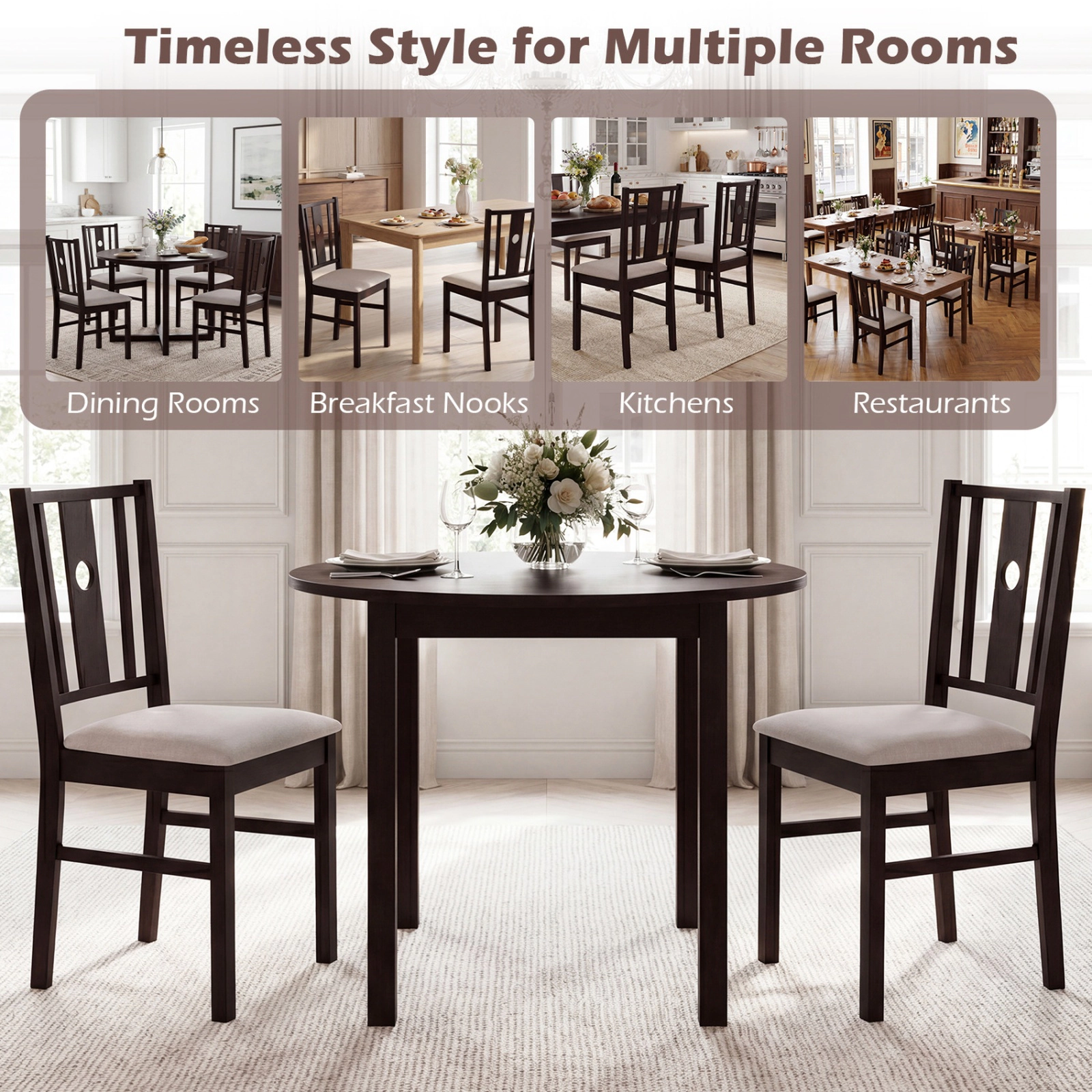 SUGIFT Set of 2 Rubber Wood Kitchen Dining Chairs 330-lb Capacity High Back Fabric Padded Seat Coffee Frame Beige Seat