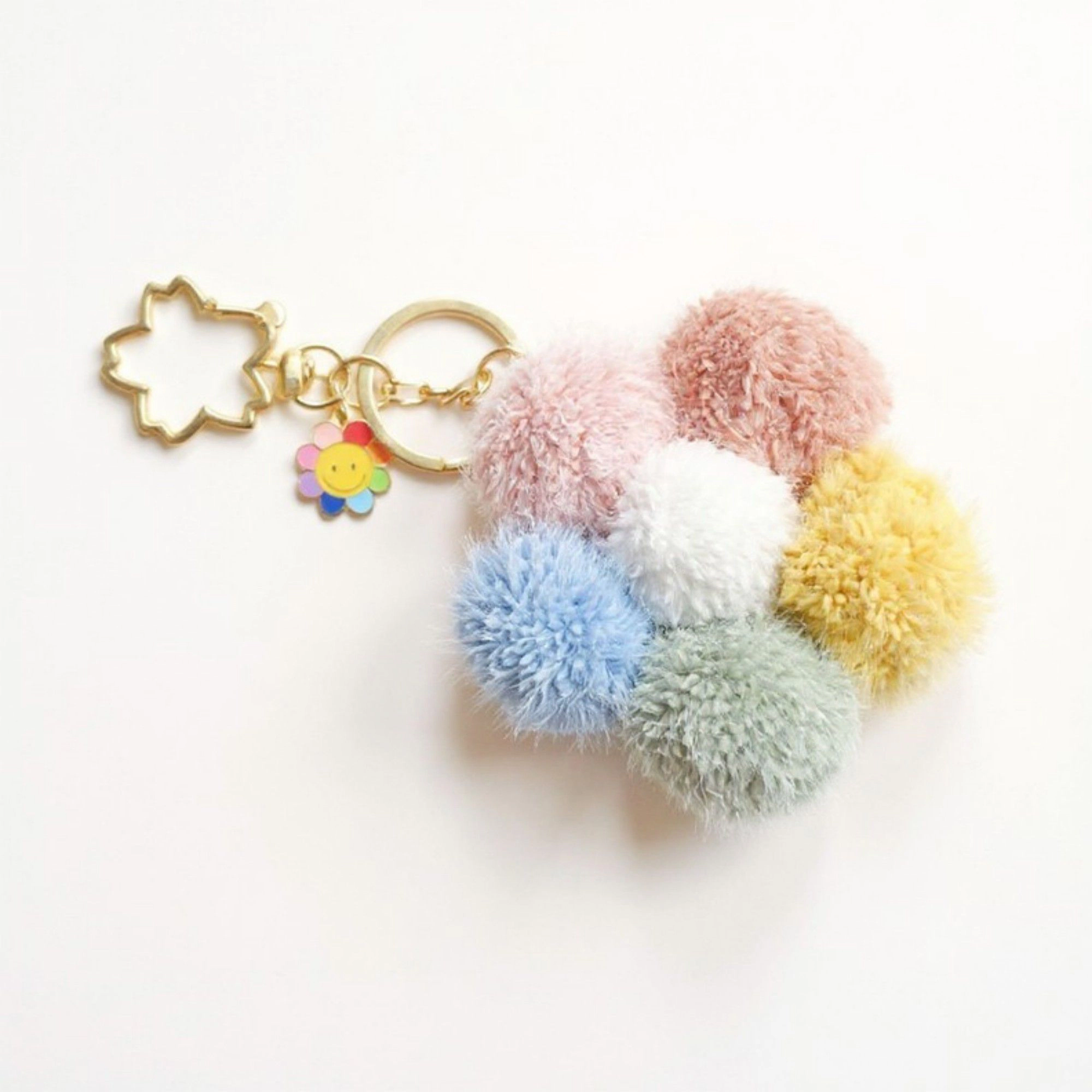 Alilang Women's Multicolor Pom Pom Keychain with Gold Flower Charm and Smiley Accent