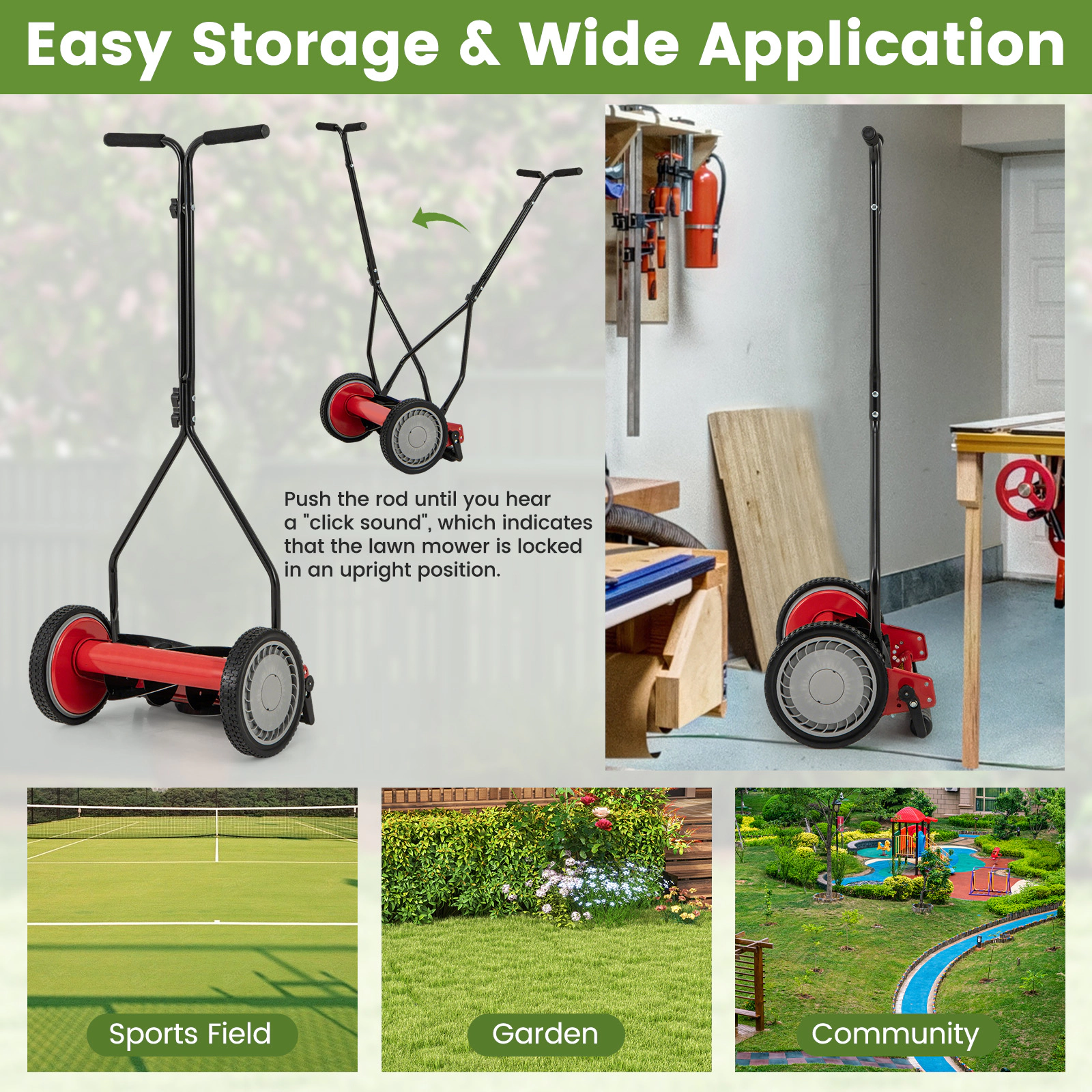 SUGIFT 14 in Push Reel Lawn Mower Red with 5 Steel Blades and 7 Gallon Grass Bag