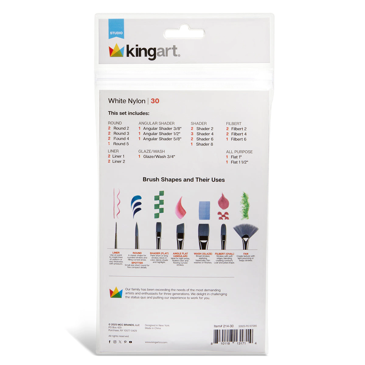 KINGART Studio White Nylon Brush Set - 30 pc Acrylic & Watercolor