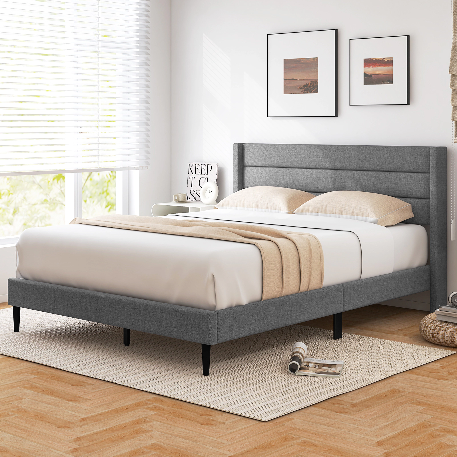 Queen Size Linen Upholstered Platform Bed Frame with Quilted Wingback Headboard 10 Ventilated Plywood Slats Grey