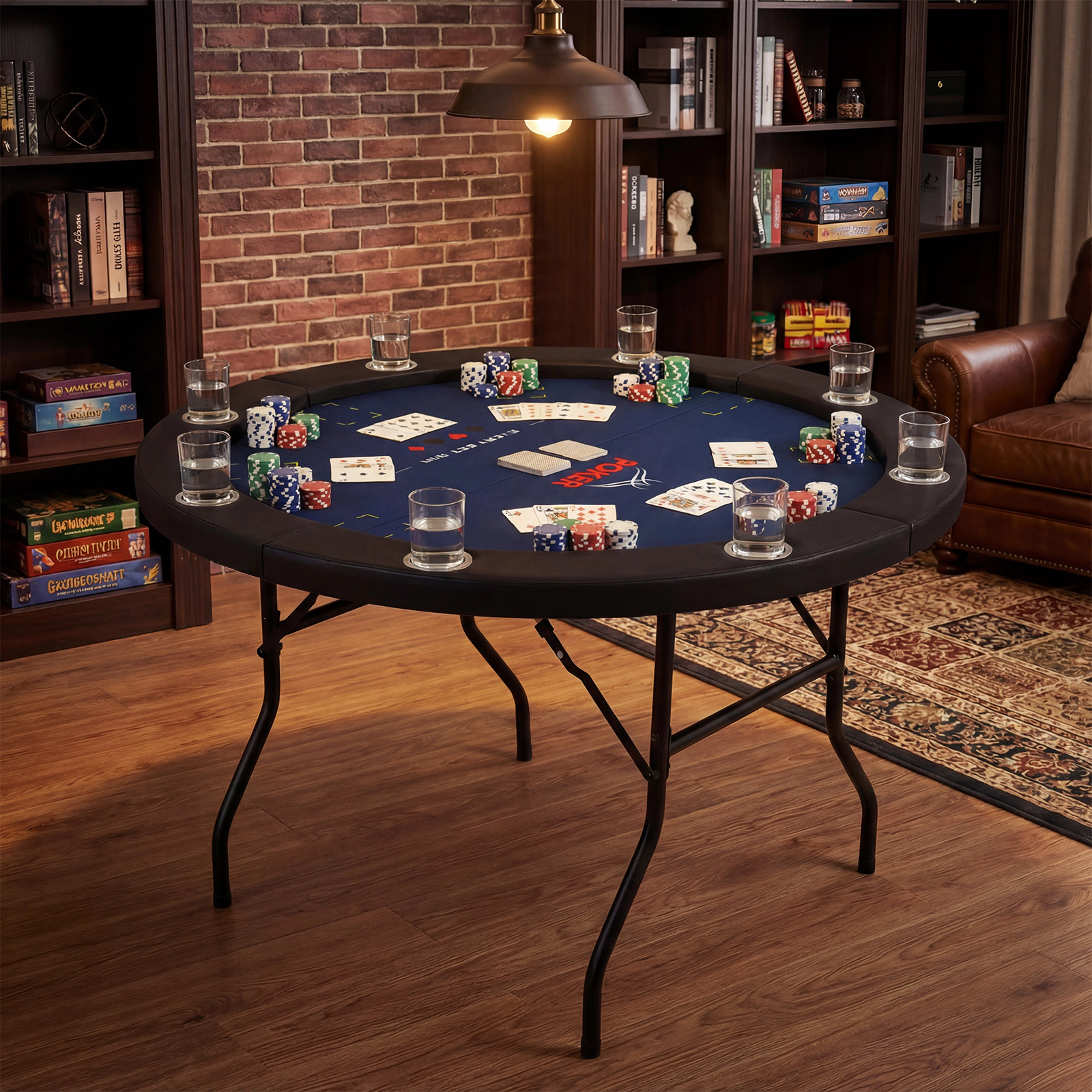 SUGIFT 48-in 220-lb Capacity 8-Player Folding Poker Table with Metal Cup Holders and Padded PU Leather Rail