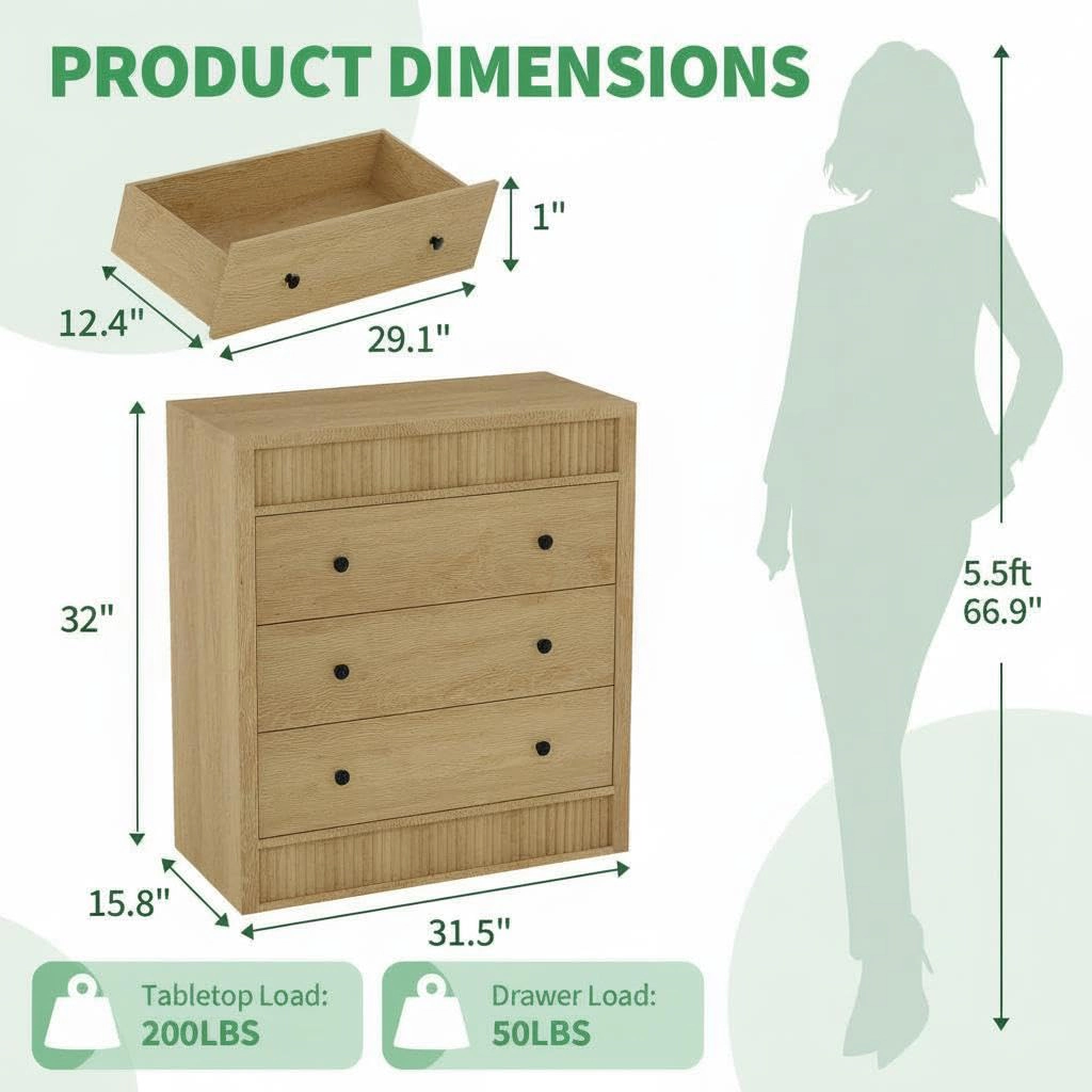 Fluted 3 Drawer Wooden Dresser, 31.5" Wide Modern Nightstand Storage Cabinet for Bedroom