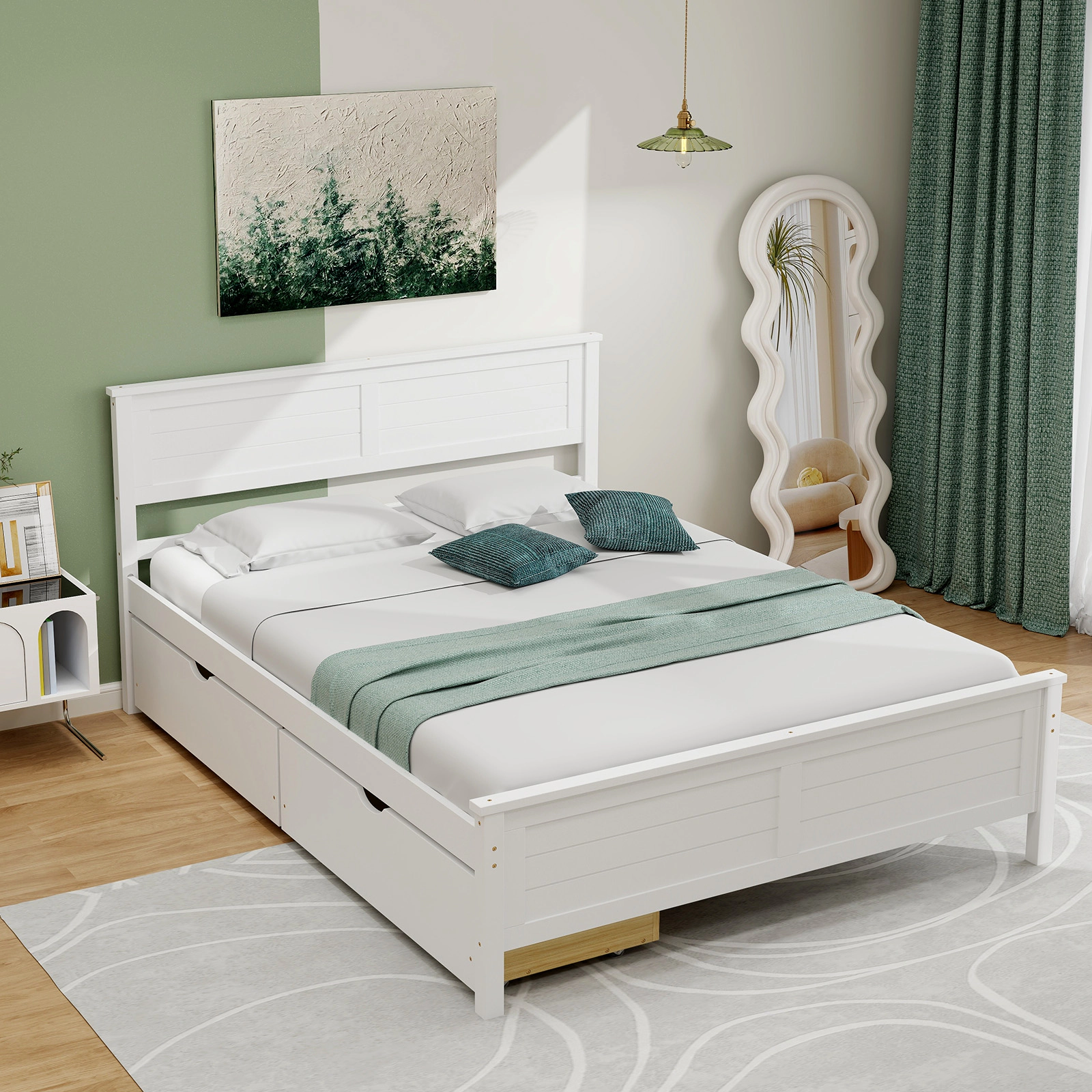 Full Size Bed Frame White Wood Platform Bed with Solid Wood Headboard Footboard 2 Under Bed Drawers