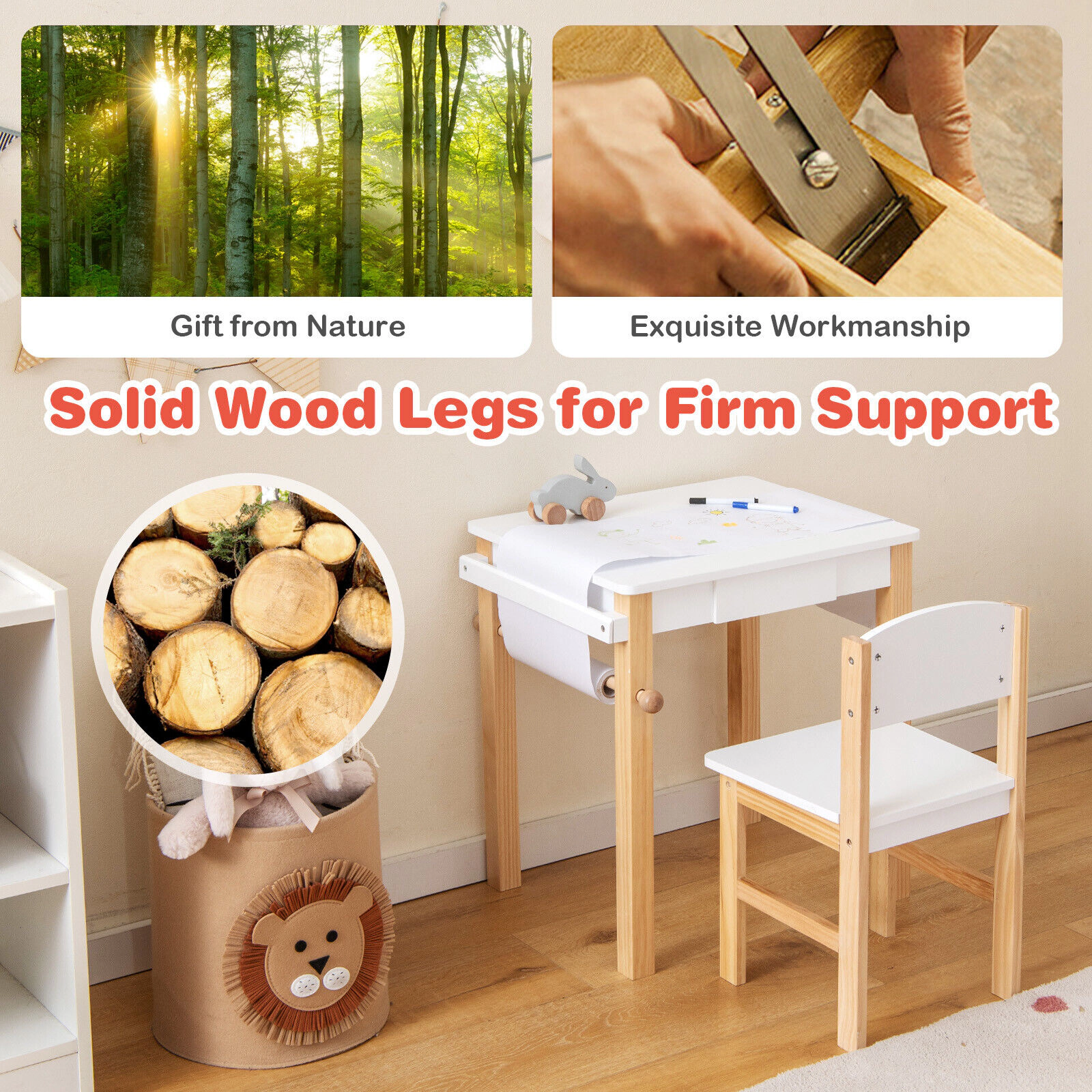 SUGIFT White Drawer Paper Roll and 2 Markers Kids Art Table and Chair Set