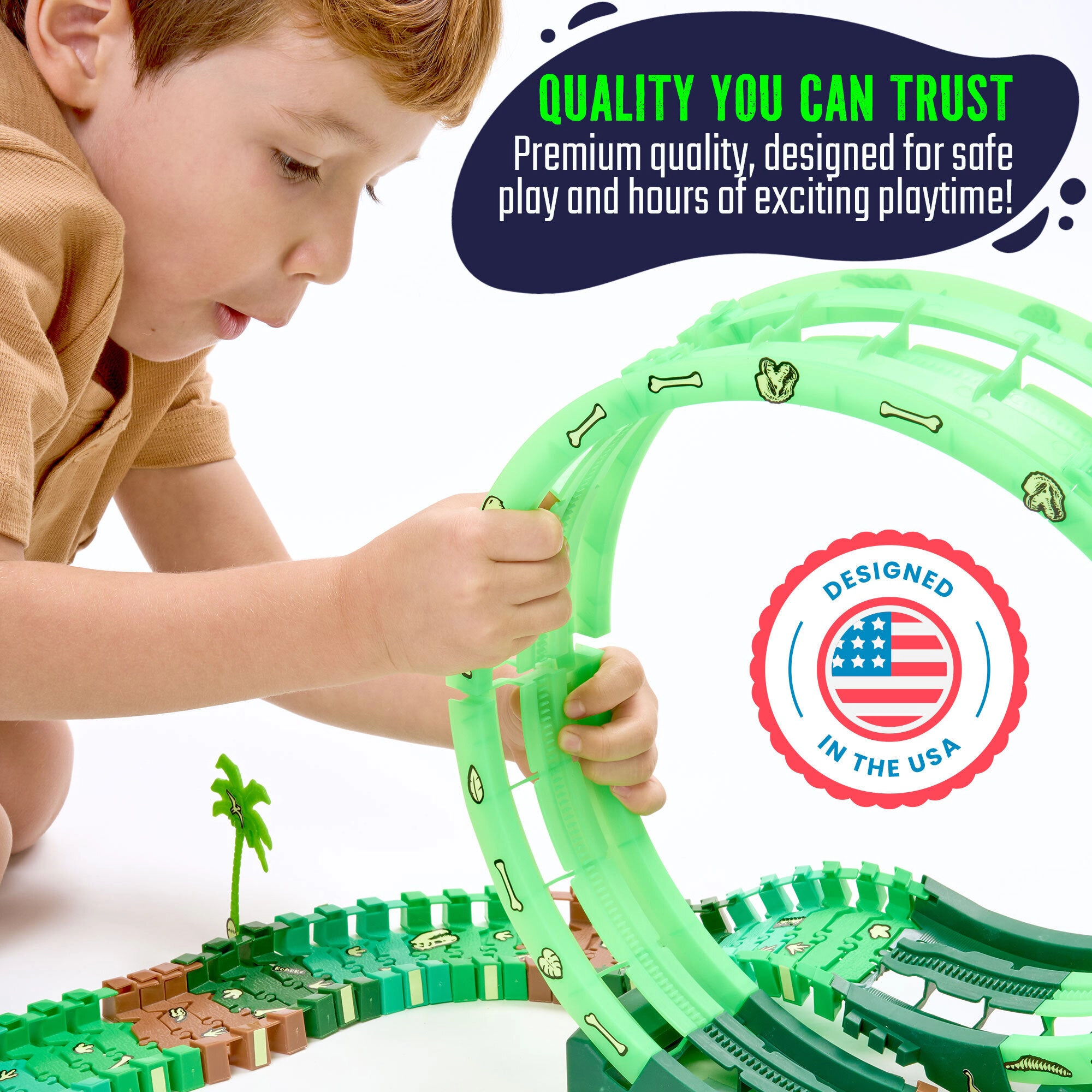 JitteryGit Kids Dino Track Wild Glow-in-the-Dark Race Set - 144-Piece Track with Loop & Dino Tunnel