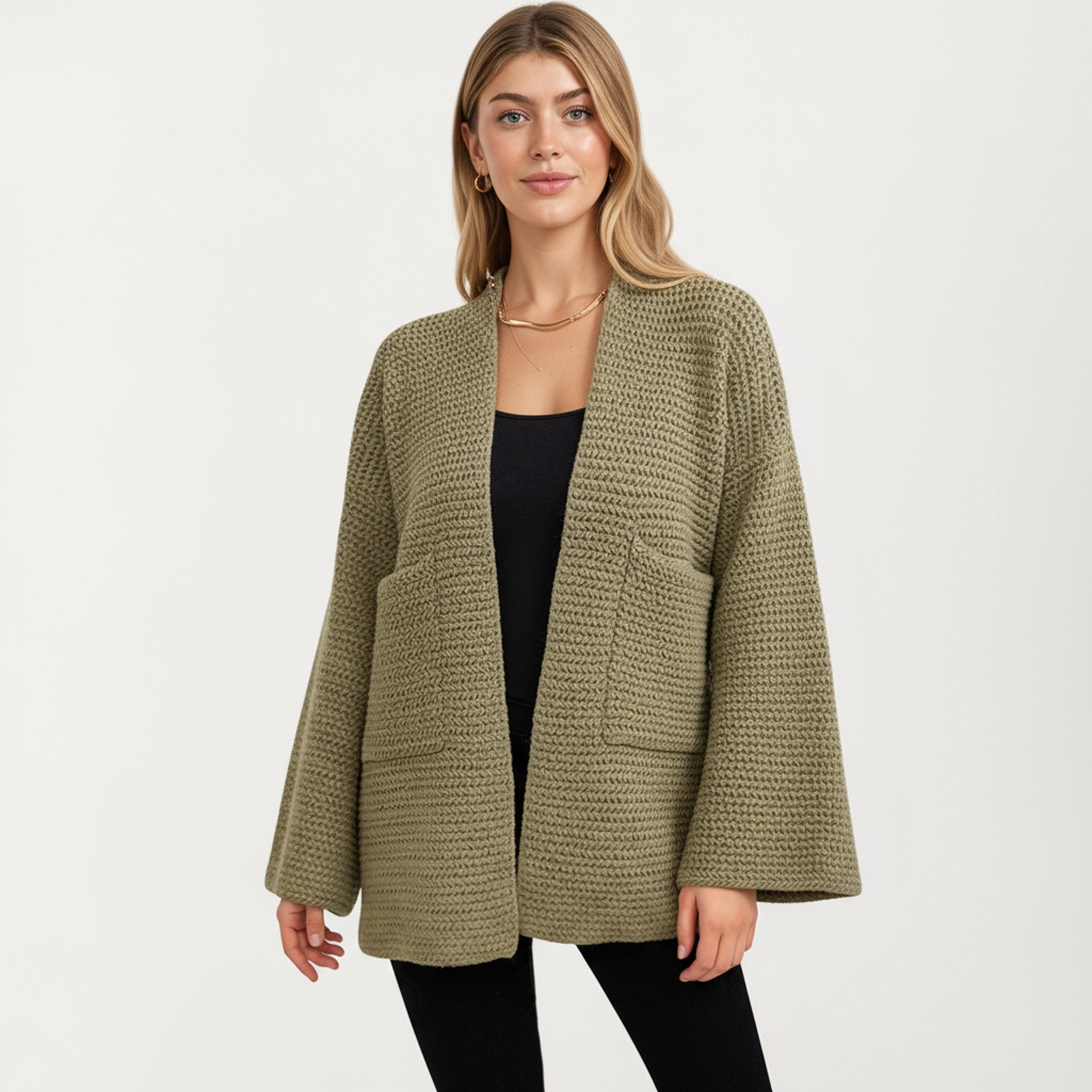 Anna-Kaci Women's Open Front Long Sleeve Textured Knit Design Cardigan with Relaxed Fit