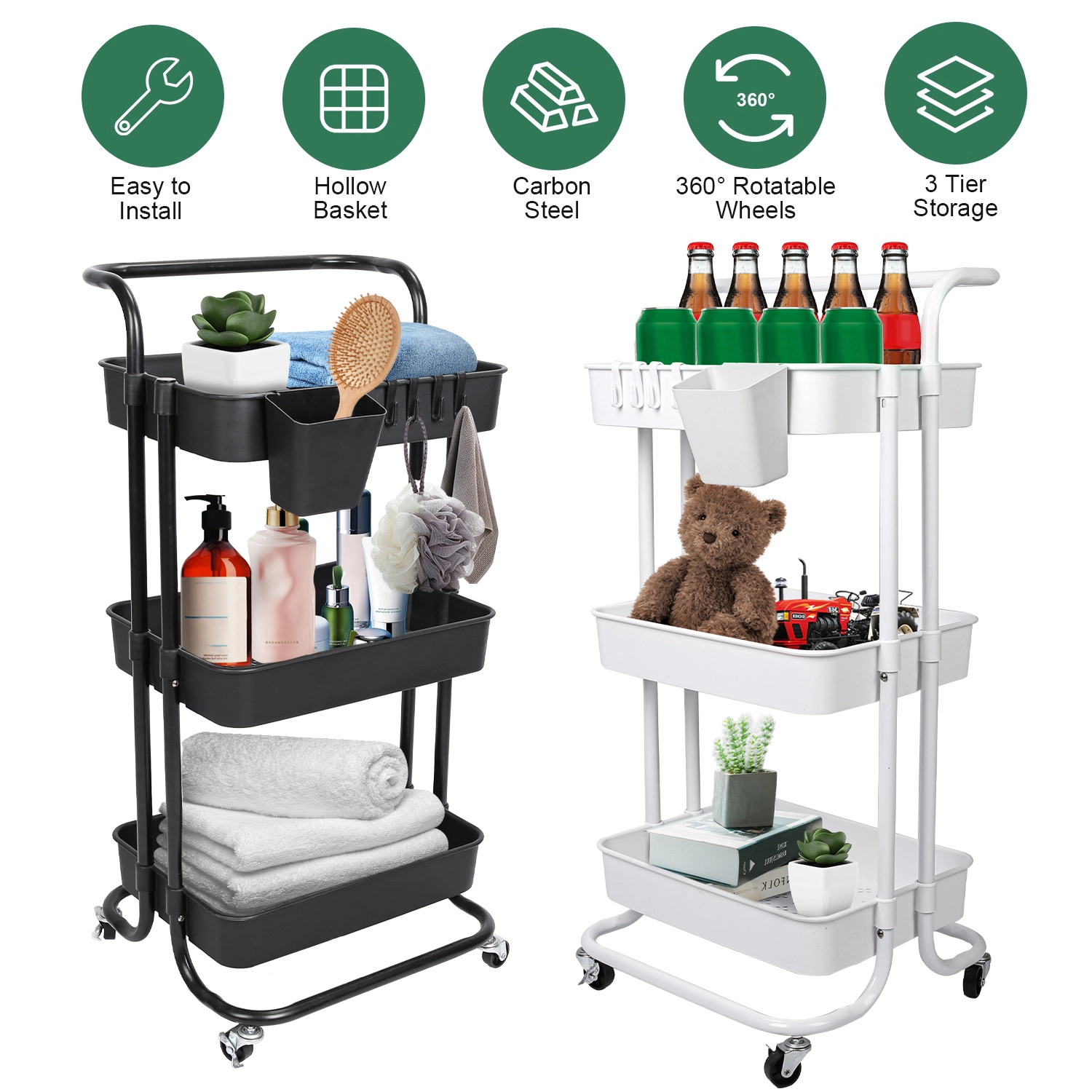 GBruno 3-Tier Rolling Utility Cart With Mesh Baskets
