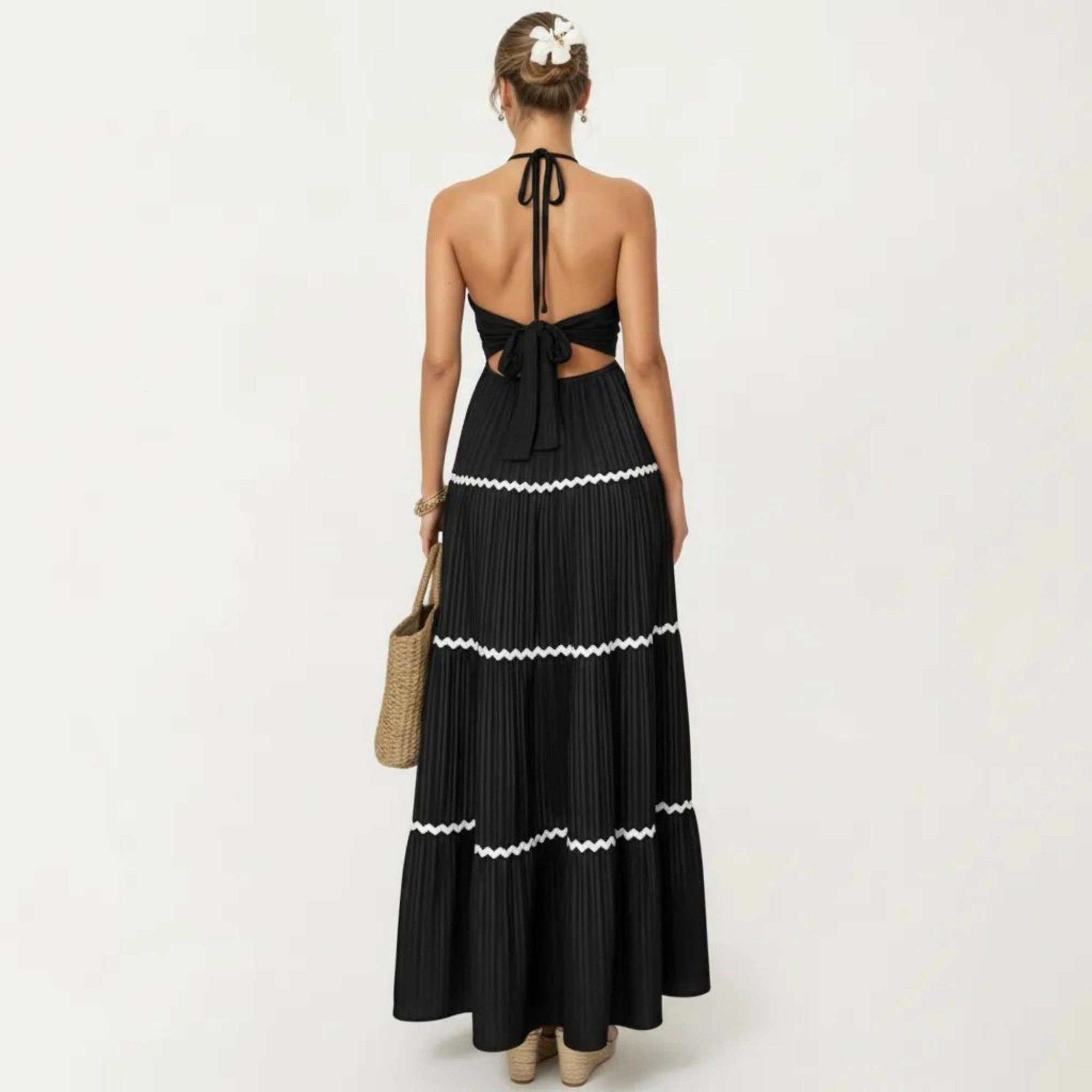 Anna-Kaci Womens Sleeveless Halter Neck Pleated Maxi Dress with Tiered Skirt