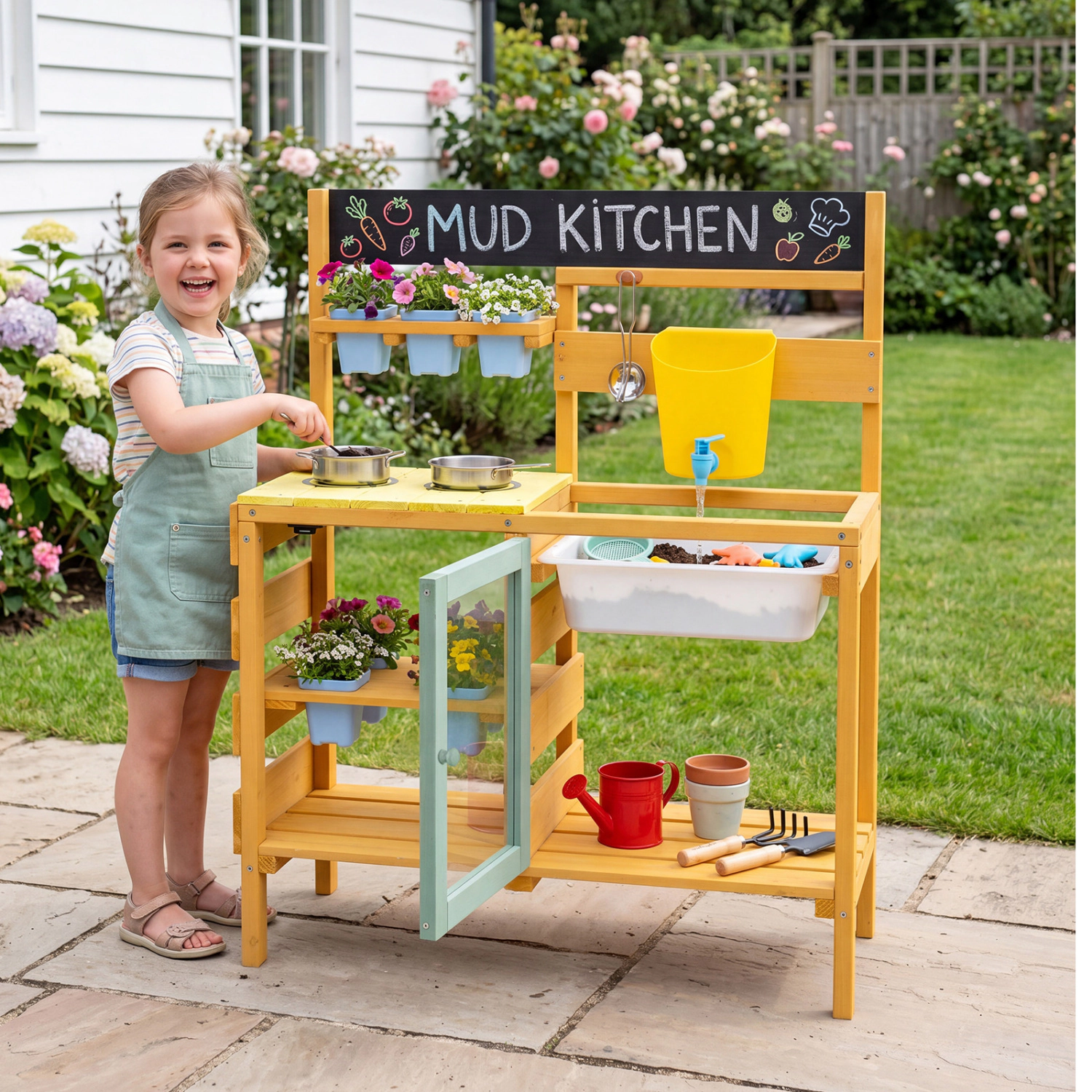 LJG Wooden Mud Kitchen for Toddlers with Faucet and Water Tank