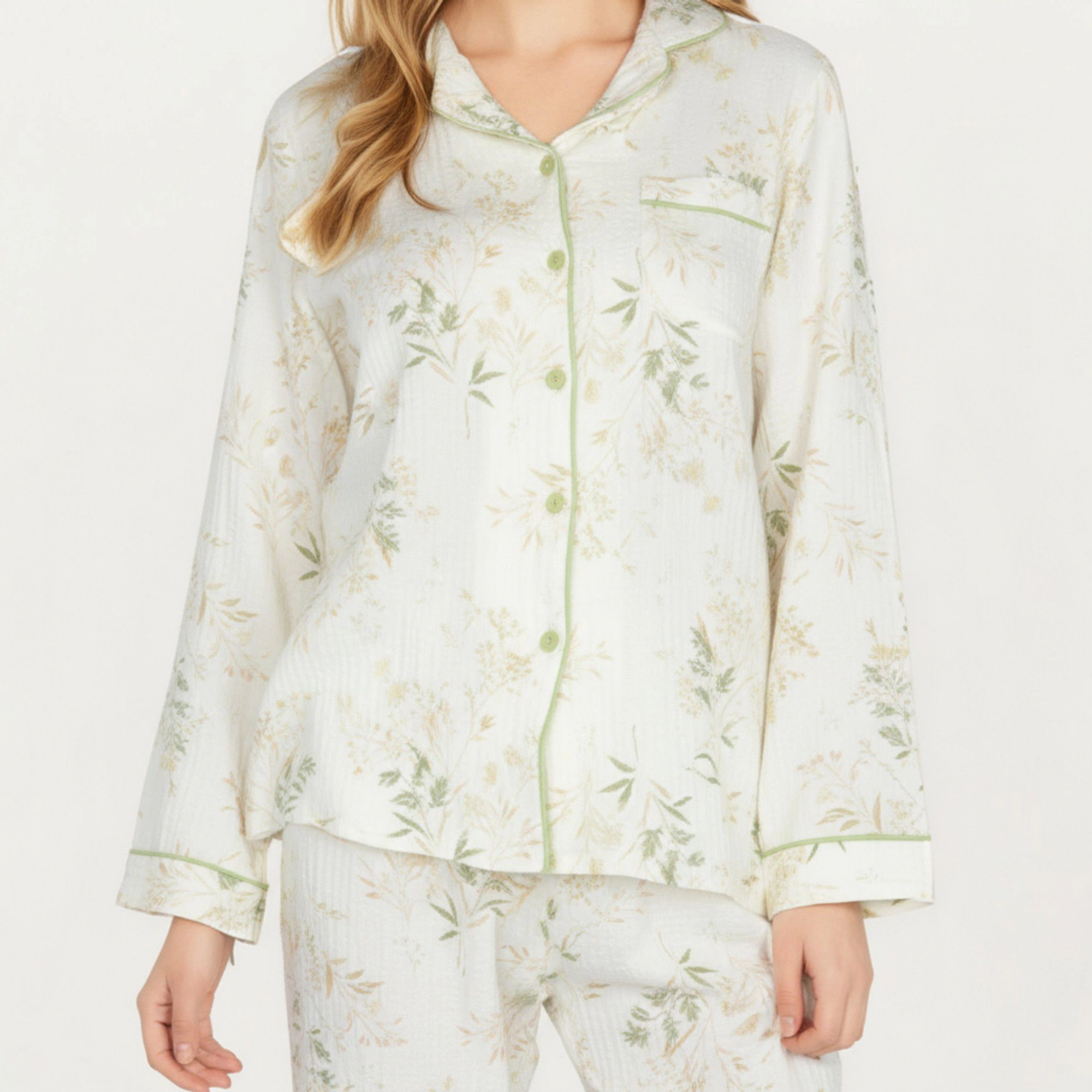 Anna-Kaci Women's 2-Piece Long Sleeve Button Front Top and Relaxed Fit Pants Pajama Set with Botanical Print