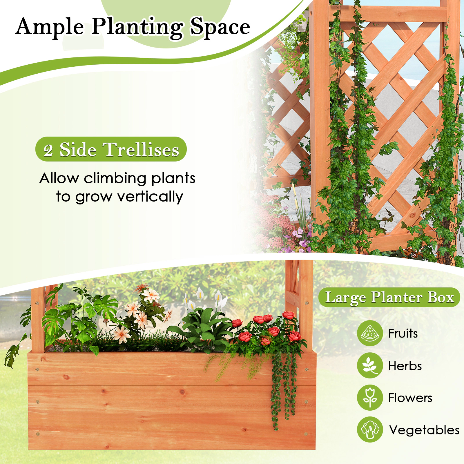 SlickBlue Outdoor Wooden Planter Box with Side Trellises for Climbing Plants