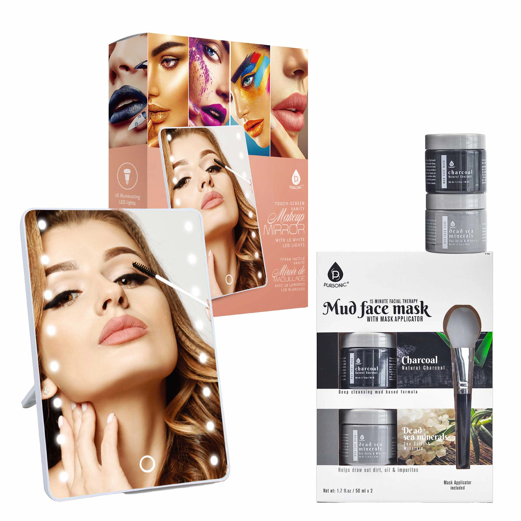 Pursonic Women's Touchscreen LED Vanity Mirror and Luxurious Gel & Mud Face Mask Set