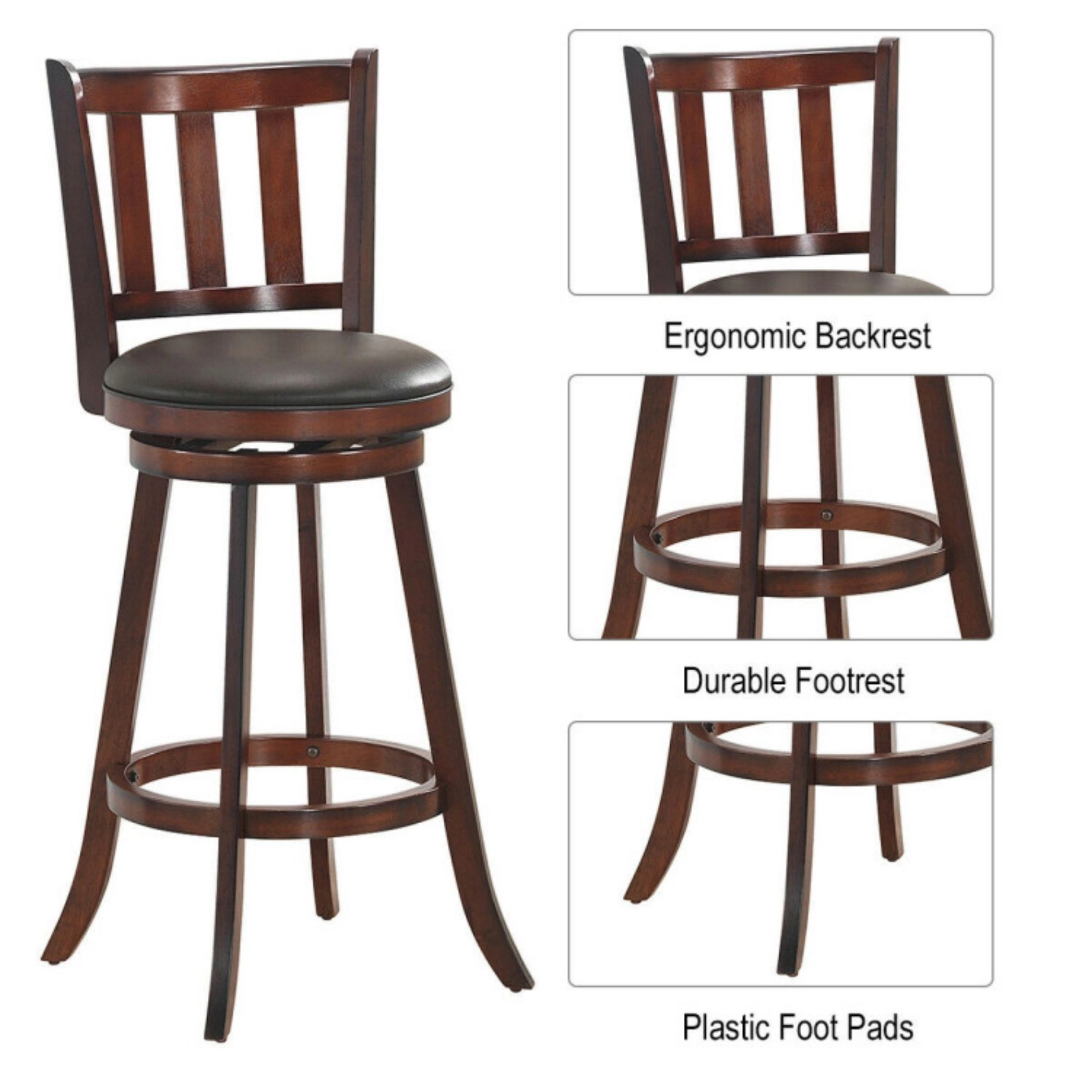 SUGIFT Nut Brown Cushioned PVC Leather Seat Set of 2 Swivel Counter Height Bar Stools