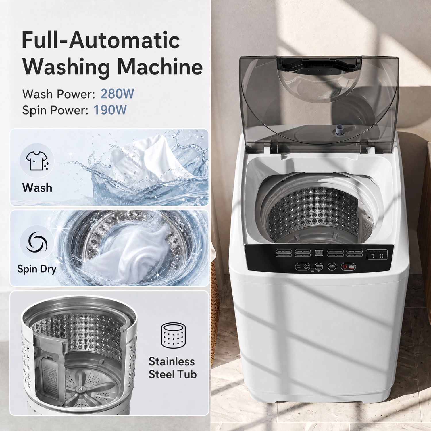 LJG 9.93 lbs Full Automatic Washing Machine with 8 Preset Programs