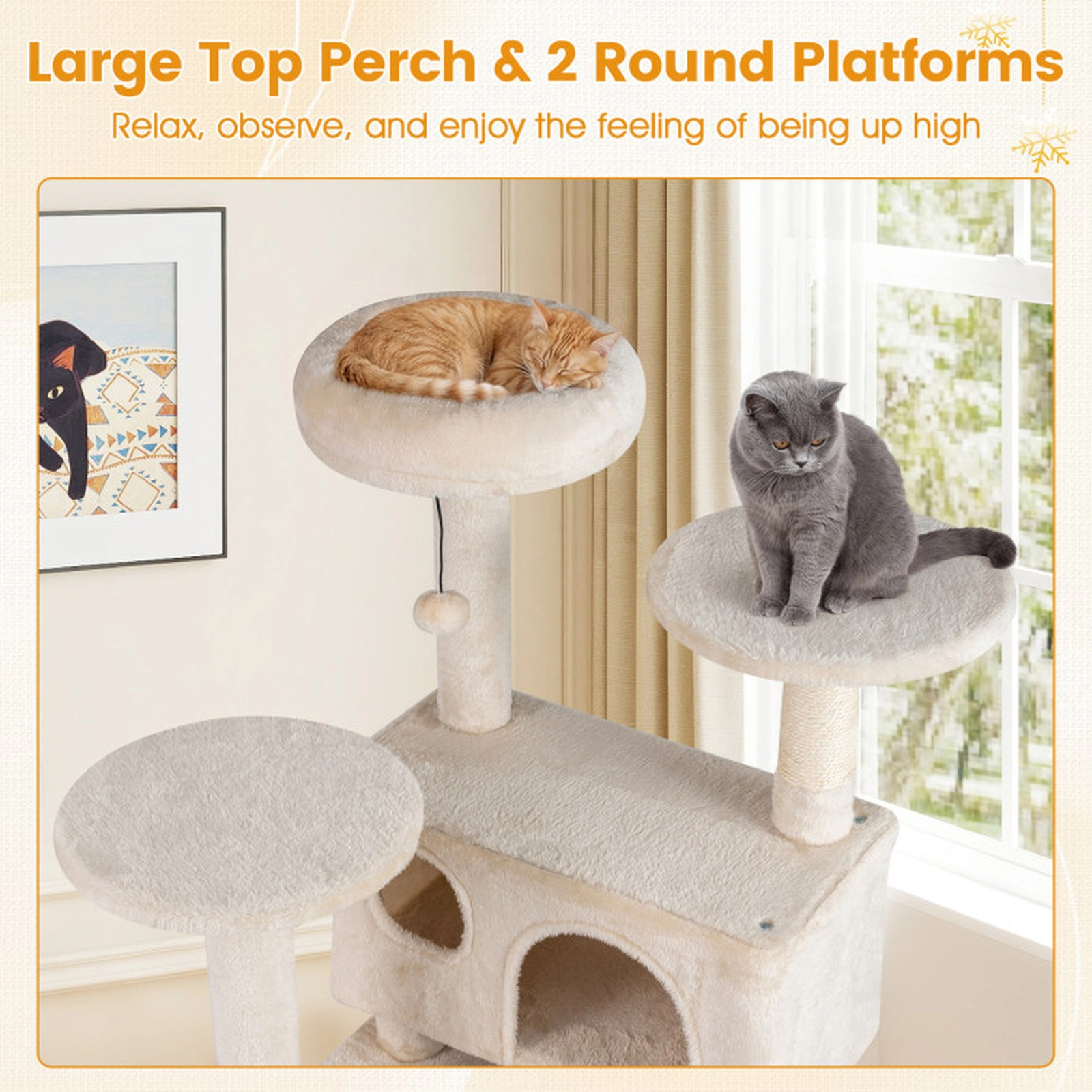 SUGIFT 52-in Beige Cat Tree Tower with 19-in 2-Door Cave 1-Door Cave Base Ladder and Sisal Posts