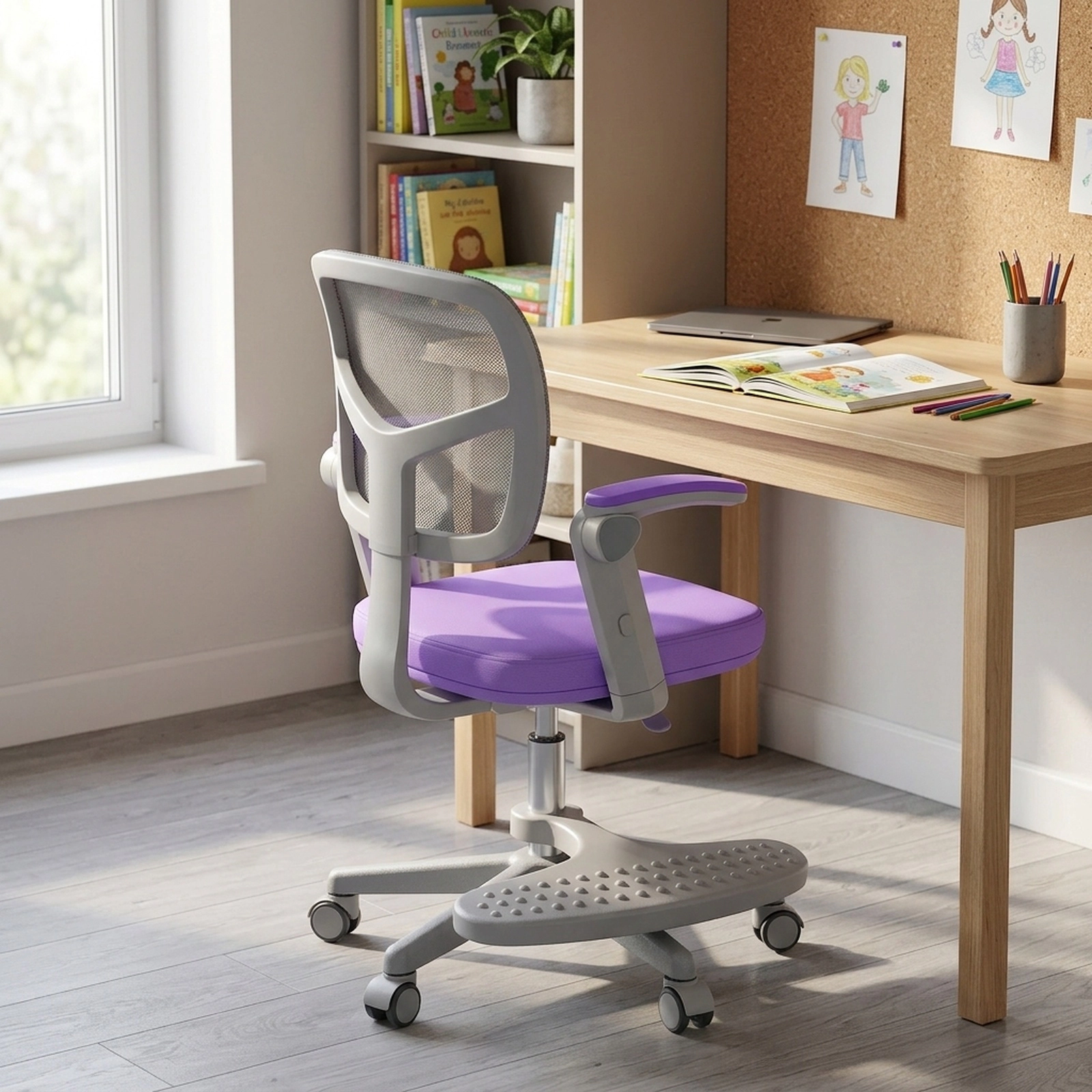 SUGIFT Purple Kids Ergonomic Desk Chair with Adjustable Footrest and Flip-Up Arms