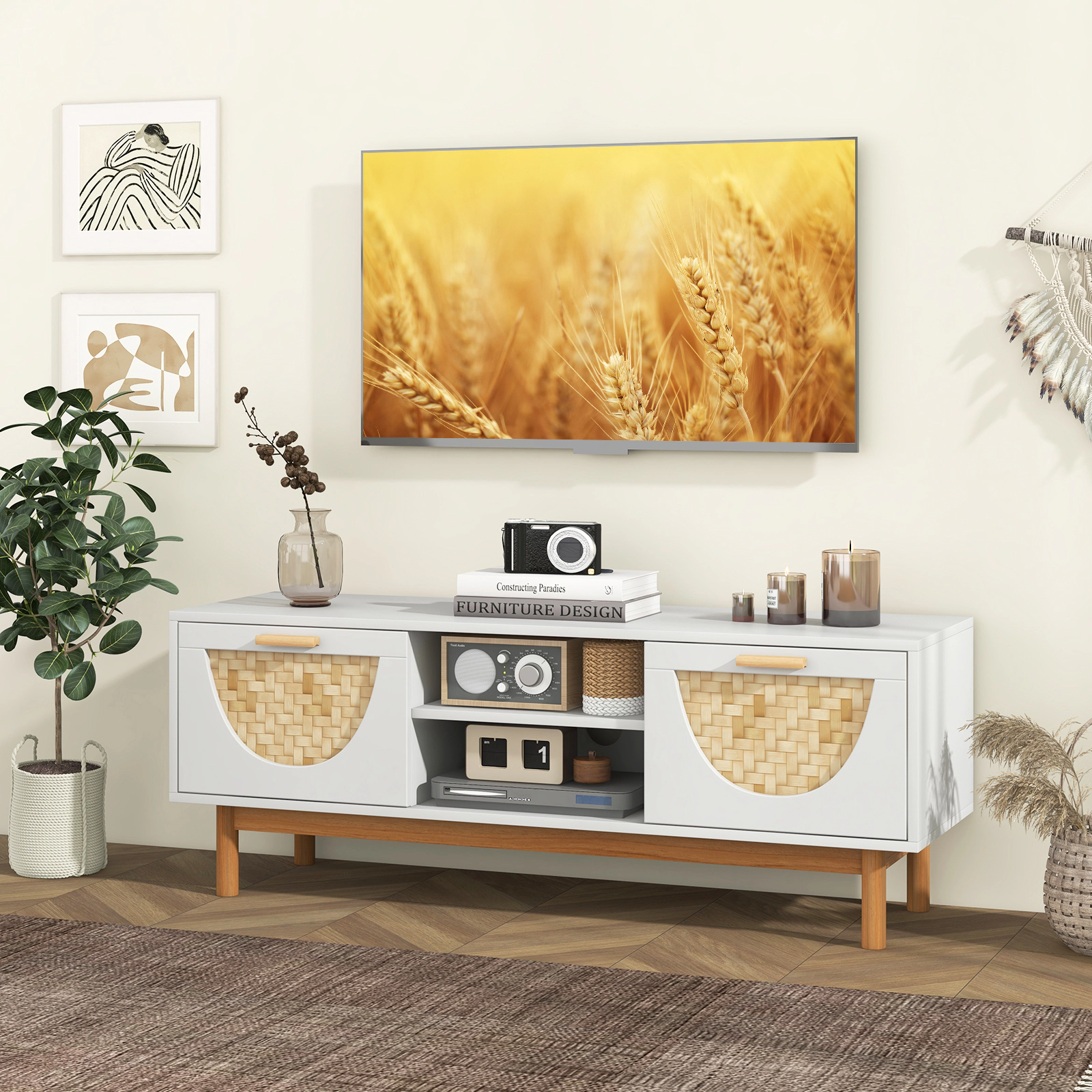 LJG Mid Century Modern TV Stand Entertainment Center for 55-Inch TV with 2 Drawers and Bamboo Woven Fronts