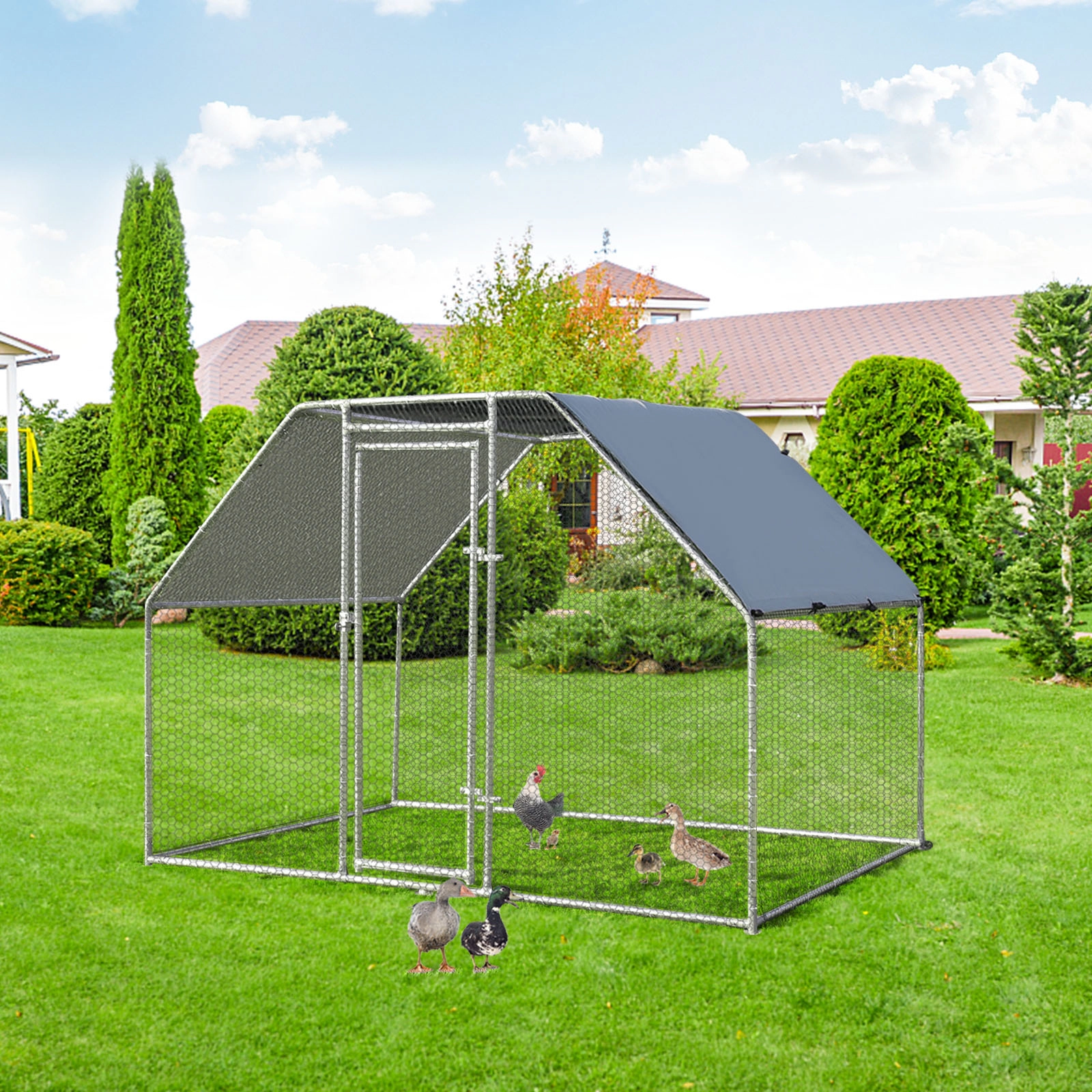 SUGIFT 9.5-ft x 6.5-ft Gray Walk-in Chicken Run Cage with PVC Coated Wire Mesh and Lockable Steel Door