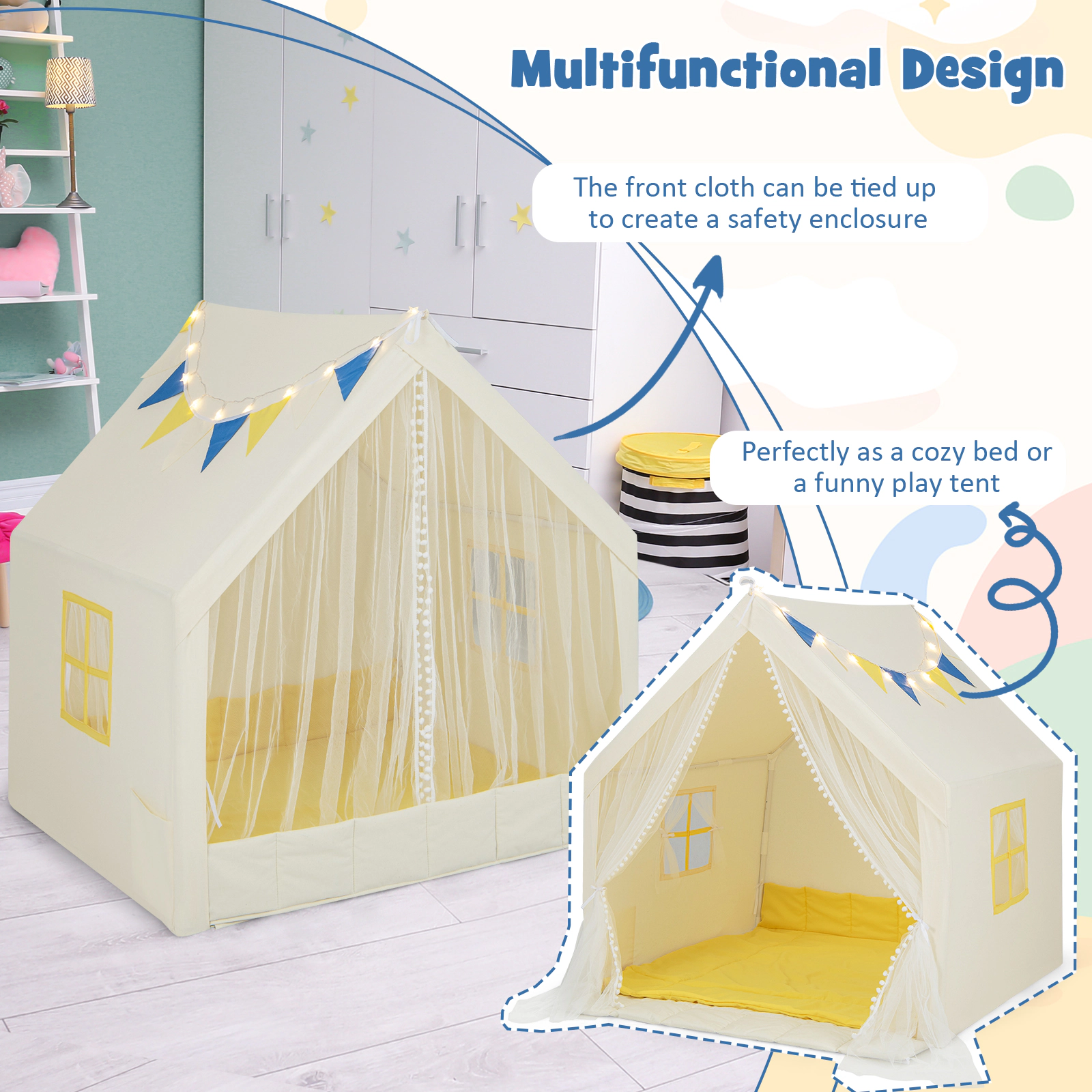SUGIFT Large Kids Play Tent with Washable Padded Mat 50-in Tall Holiday Birthday Gift for Kids Beige