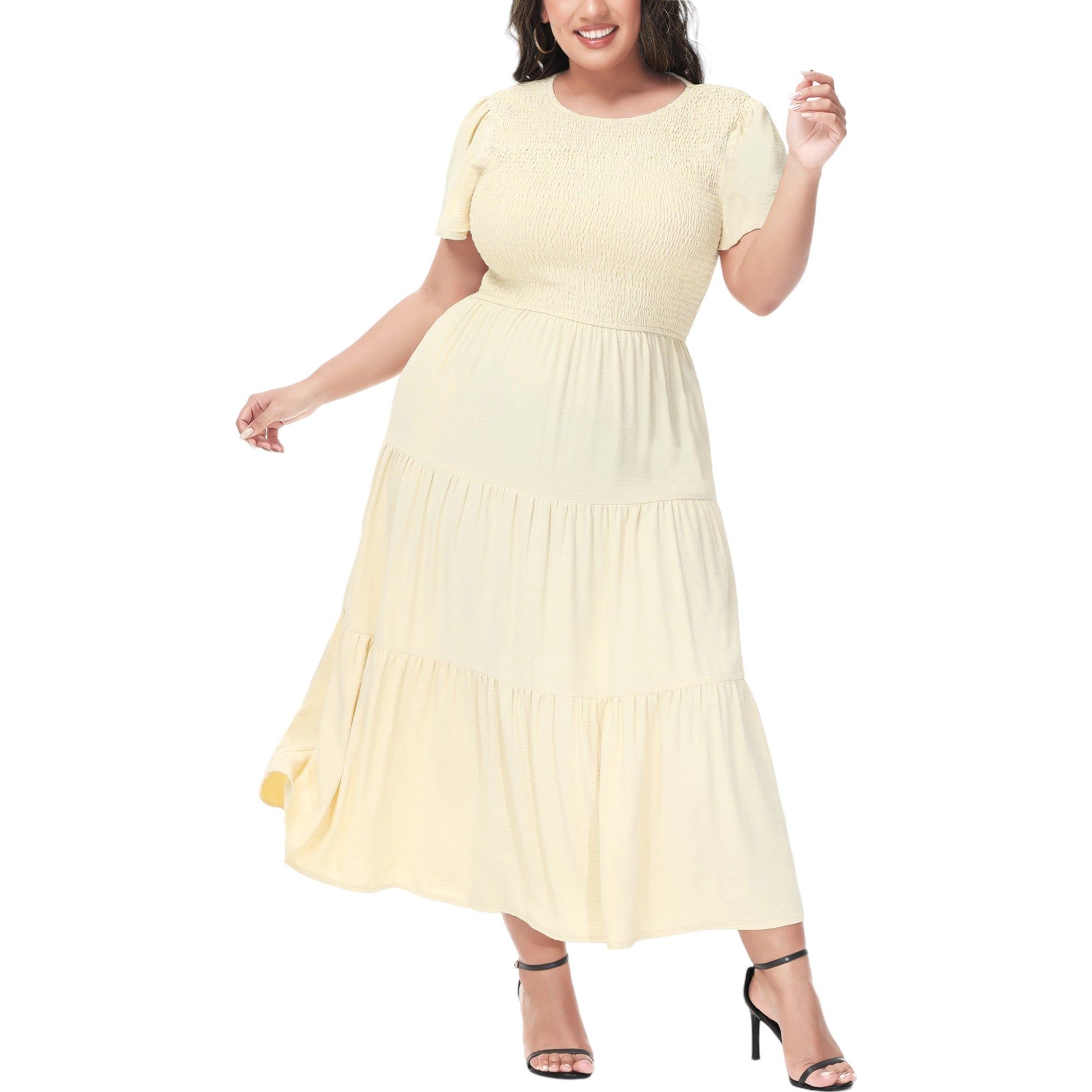 Anna-Kaci Womens Plus Round Neck Flutter Short Sleeve Smocked Elastic Waist Maxi Dress